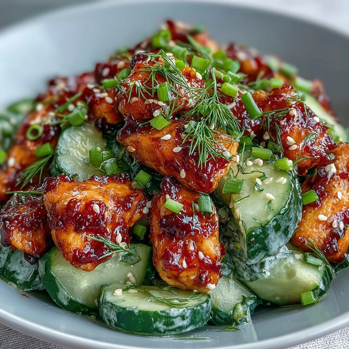 TikTok Chili-Crisp Cucumber Chicken Bowls served with rice, creamy cucumber salad, chili crisp oil, and green onions for a quick dinner.