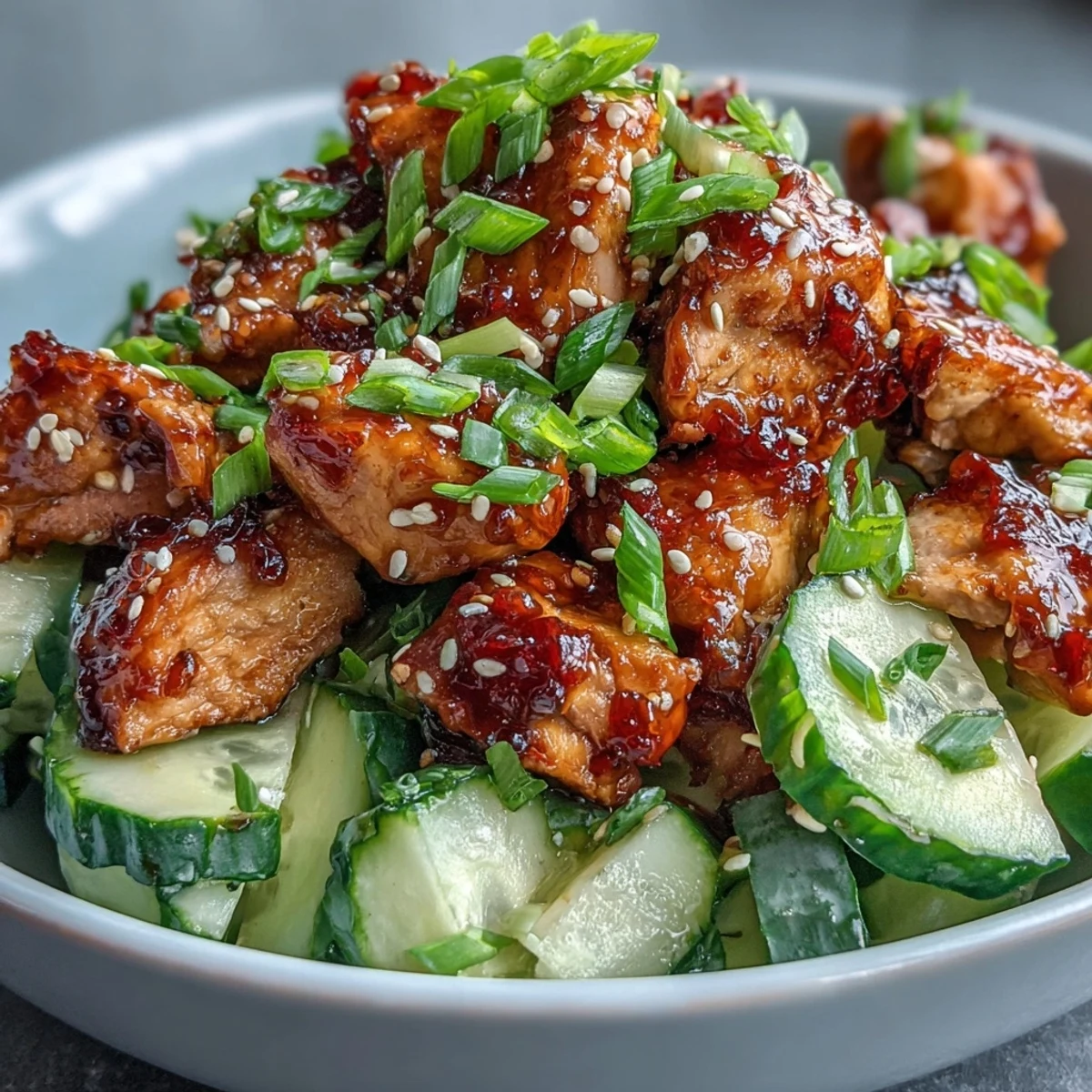 A close-up of TikTok Chili-Crisp Cucumber Chicken Bowls showcasing seared chicken, crisp cucumbers, sesame seeds, and fresh cilantro. 