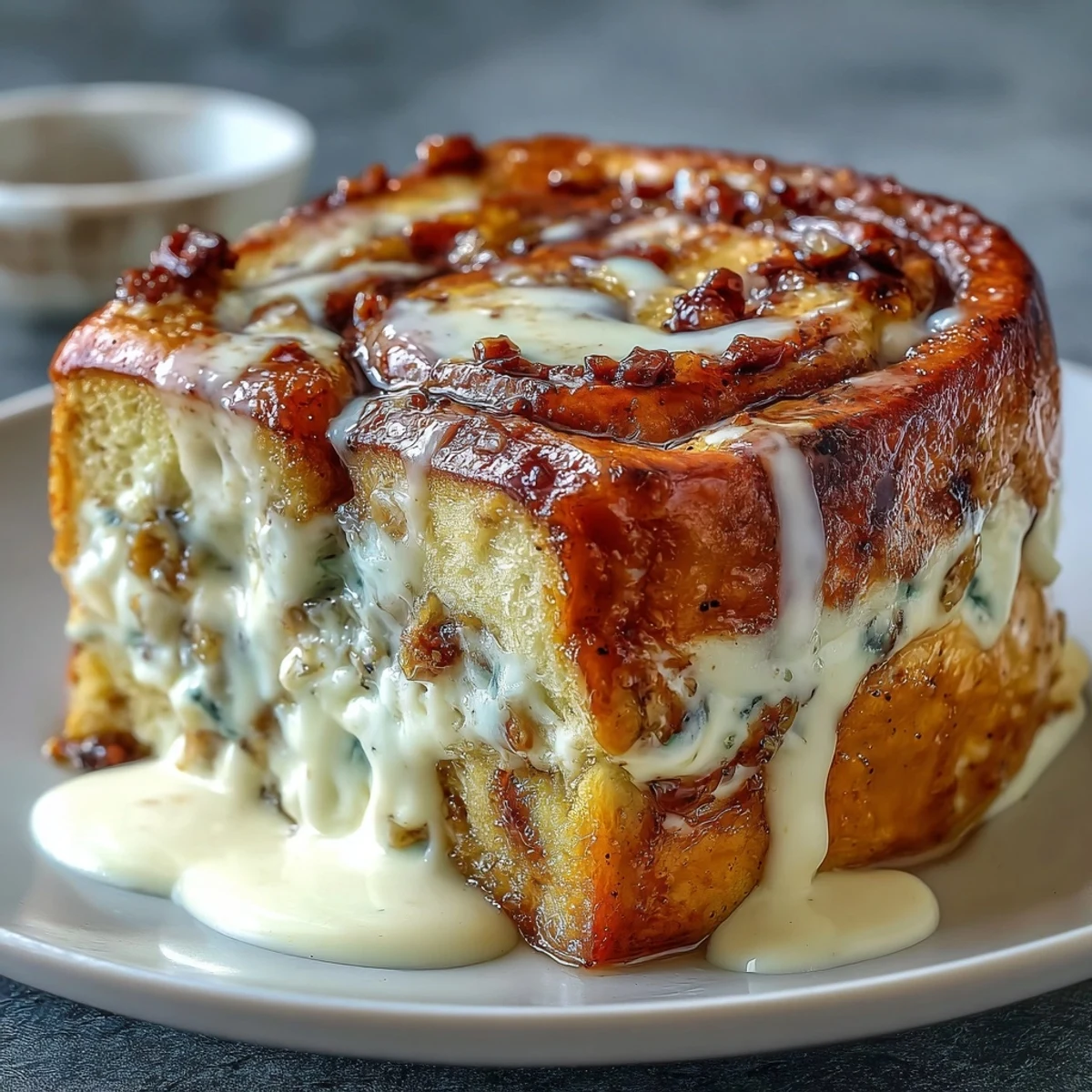 A spoon scoops into the creamy Cream Cheese Swirl Cinnamon Roll French Toast Bake revealing cinnamon and banana swirls.