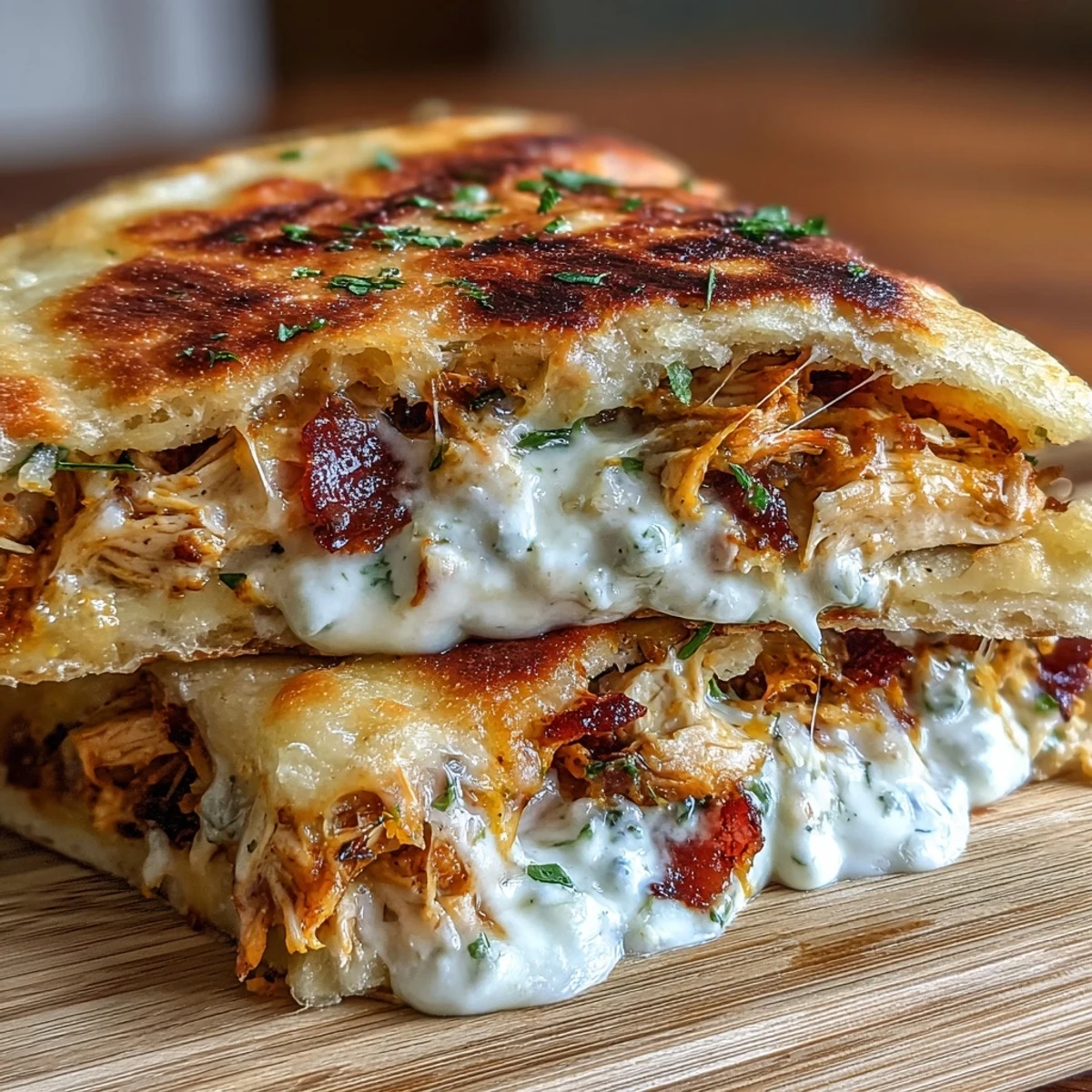 Close-up of Ranch Crack Chicken Stuffed Naan revealing creamy shredded chicken and crispy bacon filling.