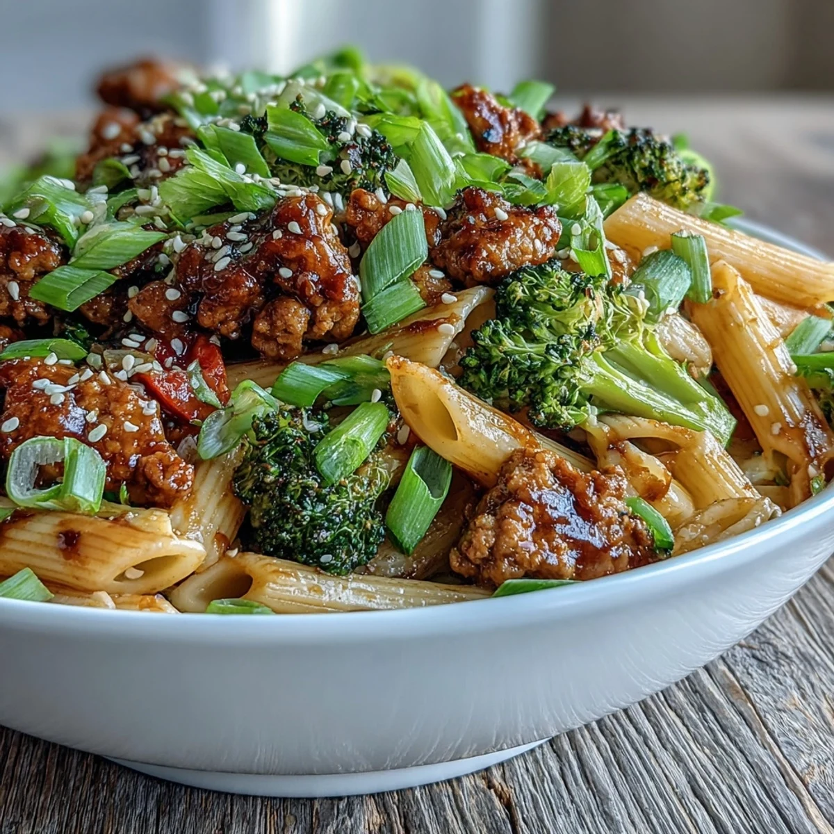 A close-up of Sweet & Spicy Turkey Broccoli Pasta reveals glossy noodles, sautéed red bell pepper, and green onions, ready to be served as a hearty 30-minute weeknight meal.