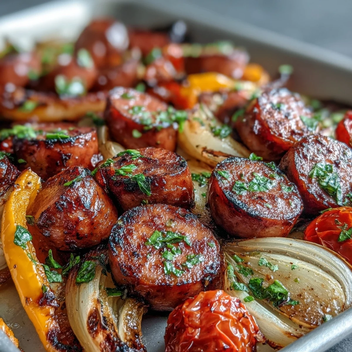 Smoky Sheet Pan Sausage & Veggies with Naan