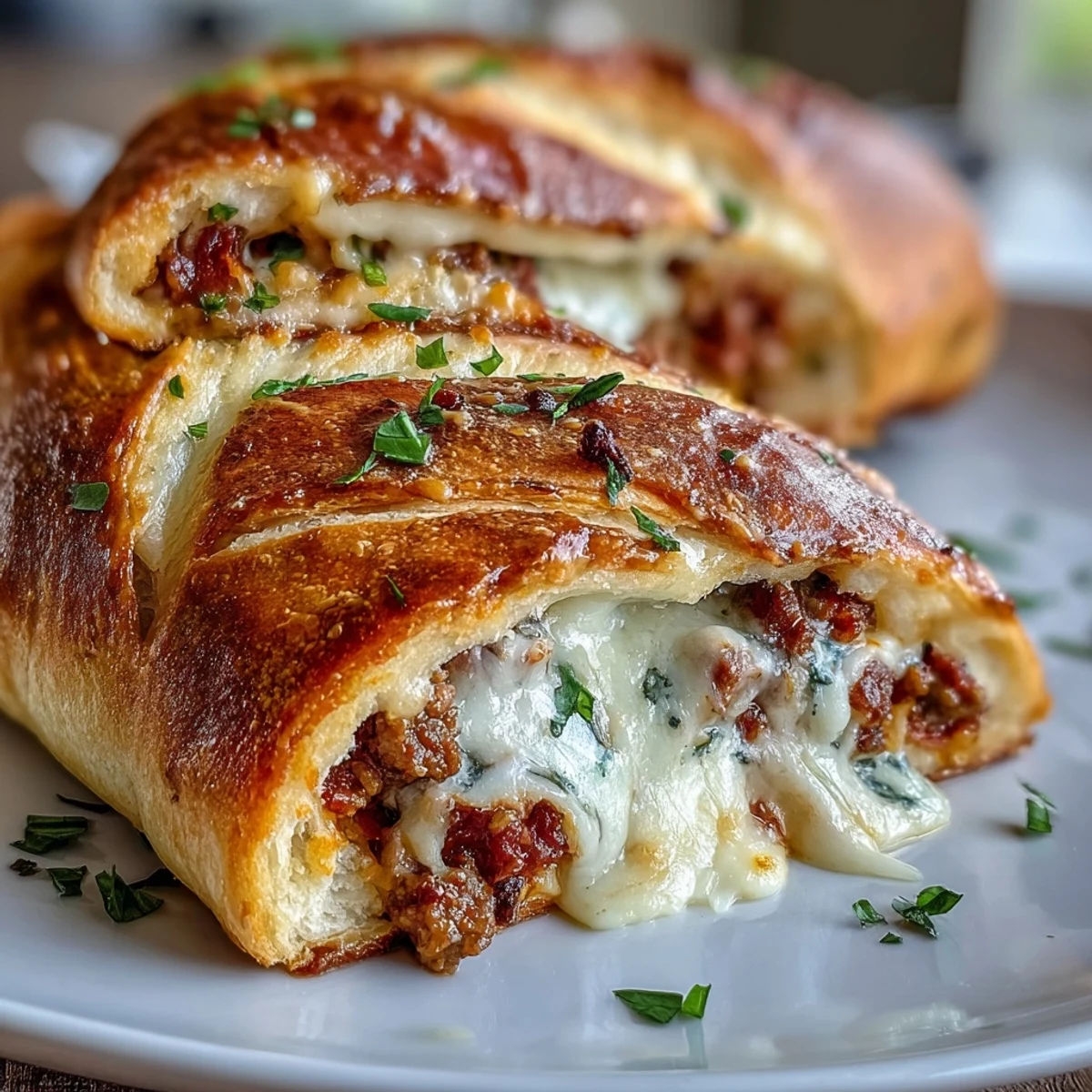 Freshly baked Baked High-Protein Pepperoni Stromboli with golden crust, stuffed with beef and pepperoni.