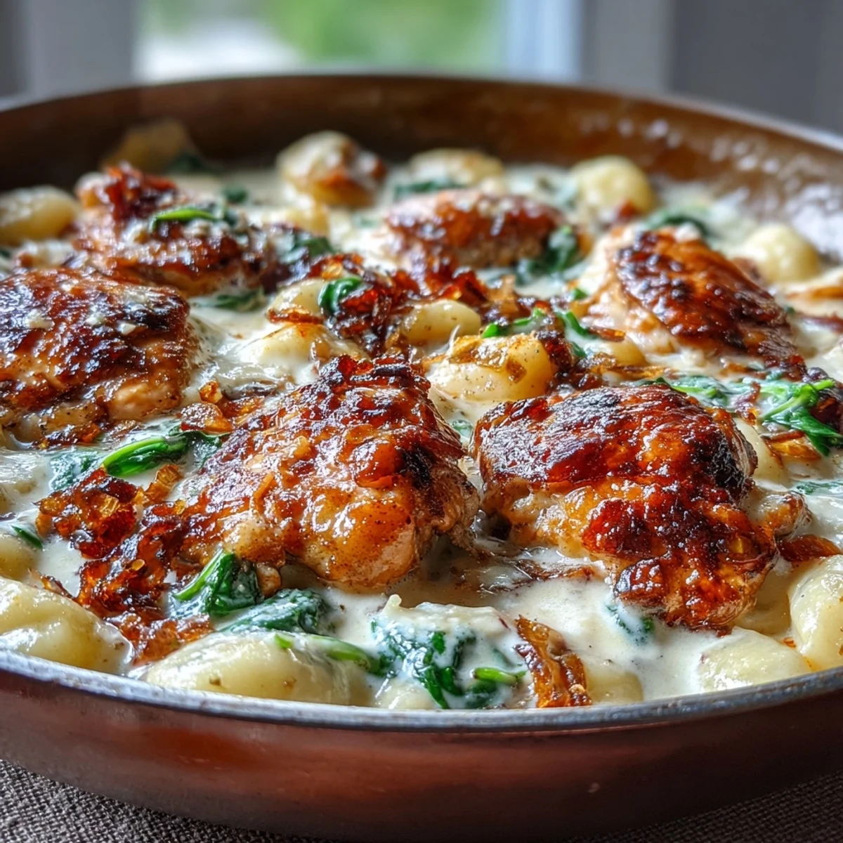 Golden-brown chicken thighs rest in a skillet of creamy One-Pan Creamy Garlic Chicken Gnocchi, garnished with fresh spinach and Parmesan.