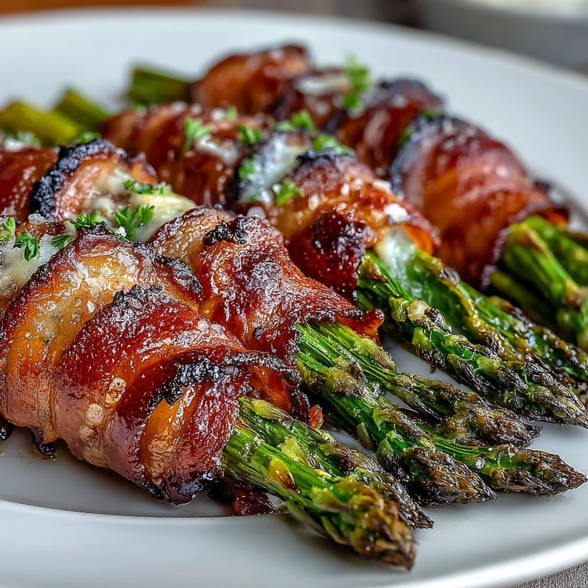 Crisp bacon-wrapped asparagus bundles with Parmesan, roasted on a baking sheet and ready to serve with grilled meats.