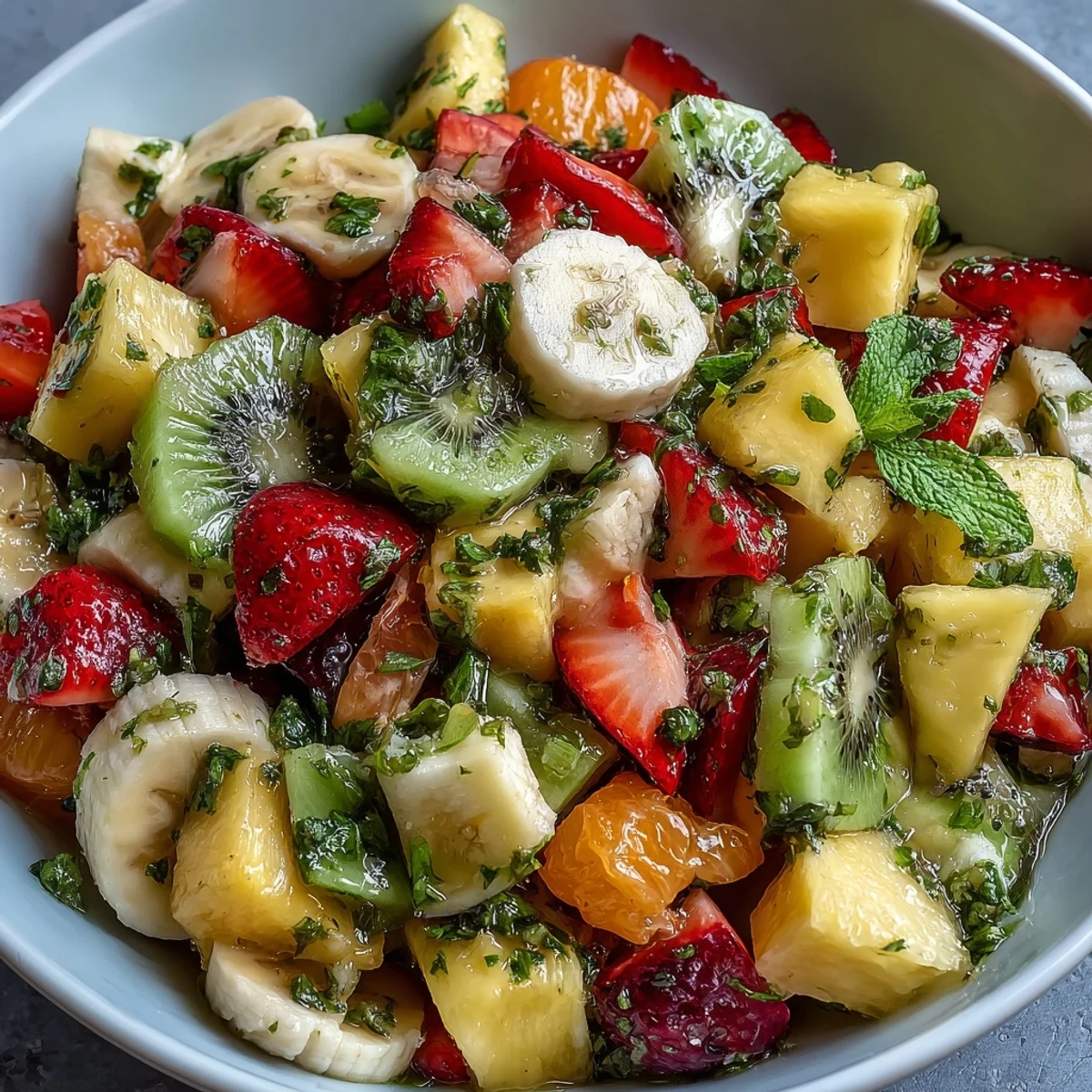 Colorful bowl of Tropical Fruit Salad with Mint Lime Dressing, featuring pineapple, mango, and kiwi slices glistening with fresh citrus.