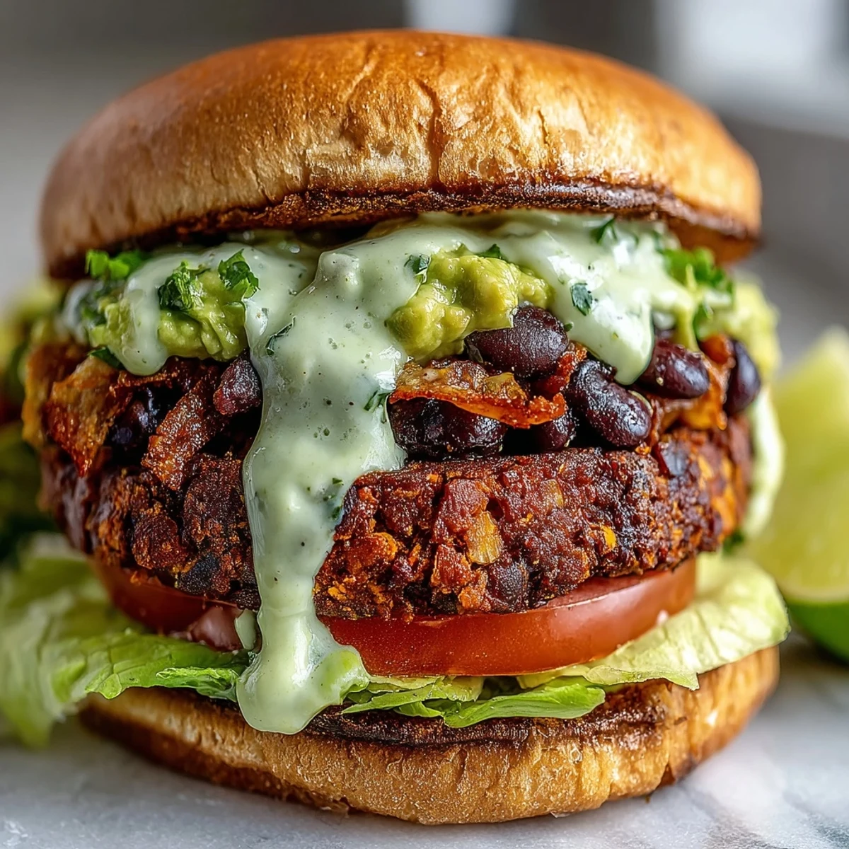 A close-up of golden brown Vegan Sweet Potato Black Bean Burgers next to a vibrant green avocado lime sauce drizzle.