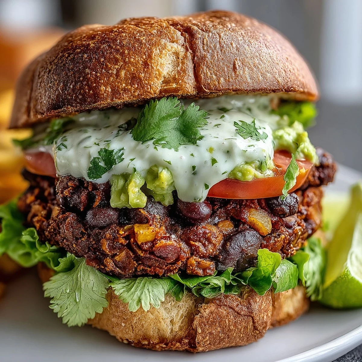 Freshly assembled Vegan Sweet Potato Black Bean Burgers with crisp lettuce and red onion, ready to serve for dinner.