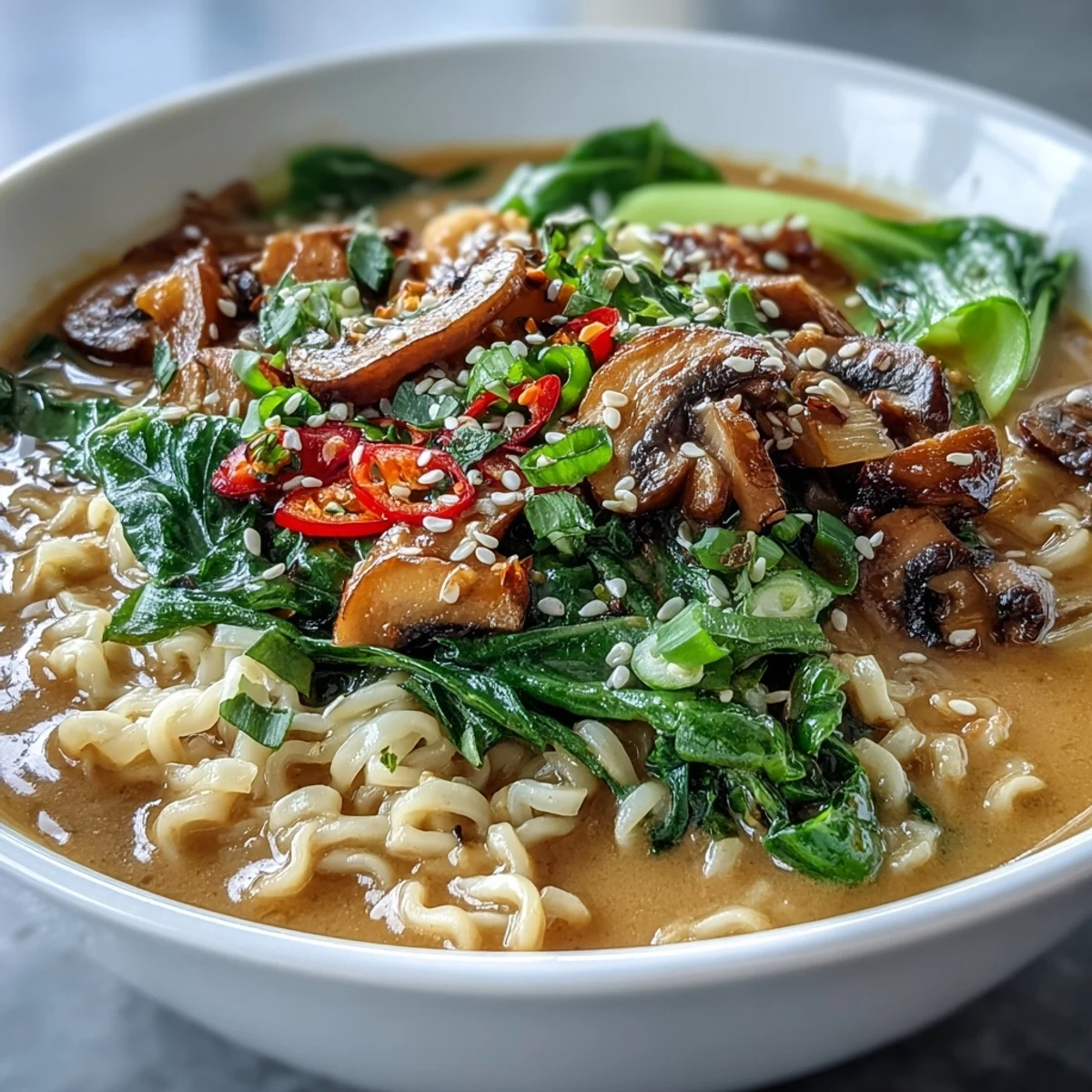 Creamy Vegan Coconut Curry Ramen with Bok Choy and Mushrooms garnished with scallions, sesame seeds, and lime wedges.