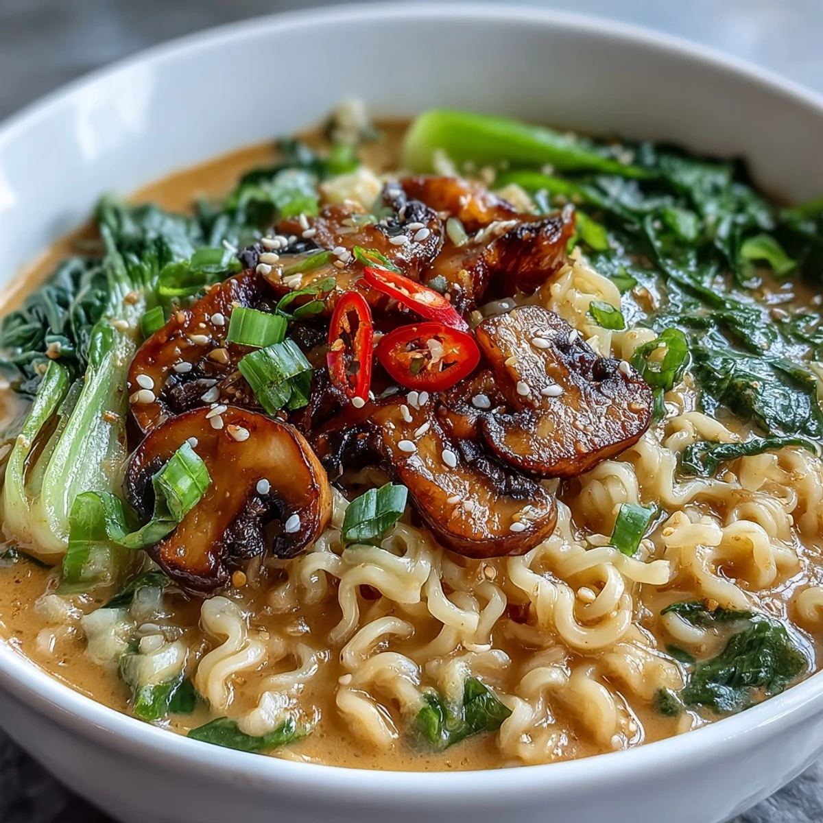 A hot bowl of Vegan Coconut Curry Ramen with Bok Choy and Mushrooms served with chopsticks and fresh cilantro.