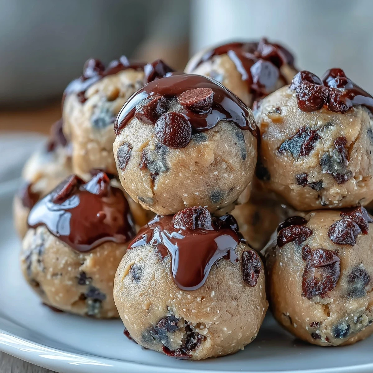 A close-up view of bite-sized vegan chickpea cookie dough balls with rich dark chocolate chips and a creamy texture.