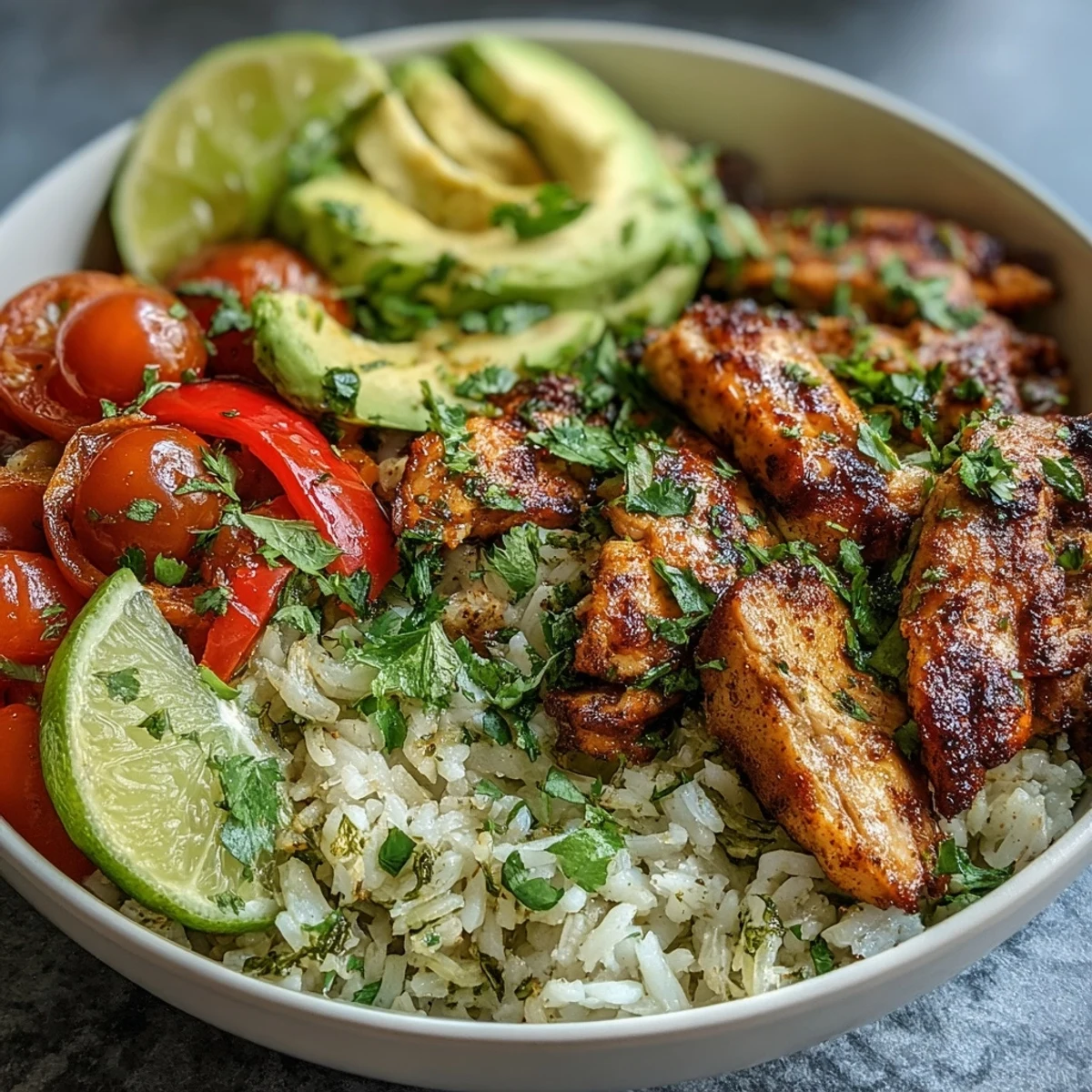 Skillet-cooked chicken fajitas and colorful bell peppers fill these meal prep bowls with Cilantro-Lime Rice.