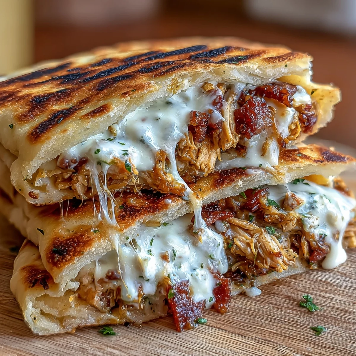 Garlic butter brushed Ranch Crack Chicken Stuffed Naan wedges served hot and ready to eat.