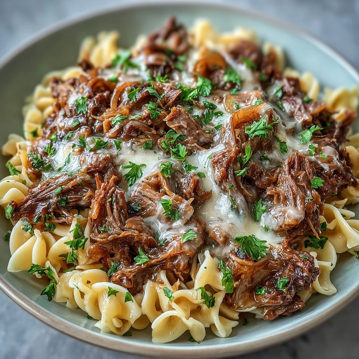 Slow cooker French onion pot roast pasta with tender beef, caramelized onions, and rich gravy served over buttery egg noodles.