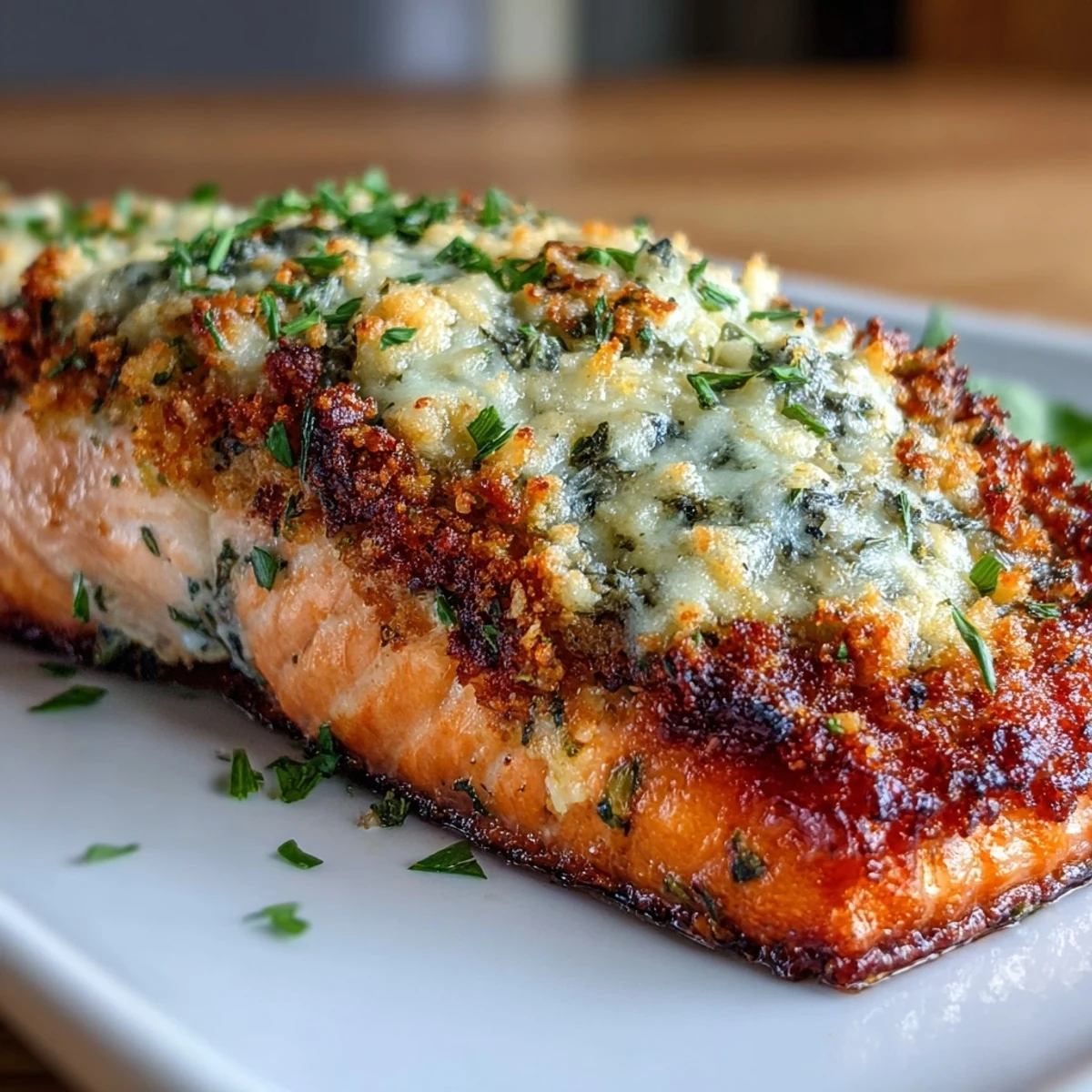 Keto Garlic Parmesan Salmon with Roasted Broccoli and Lemon Wedges on a baking sheet, golden crust glistening and fresh herbs sprinkled on top.