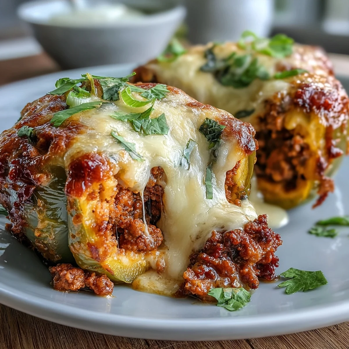 Vibrant bell peppers stuffed with zesty taco-seasoned ground beef, baked until tender and topped with gooey melted cheddar cheese.  