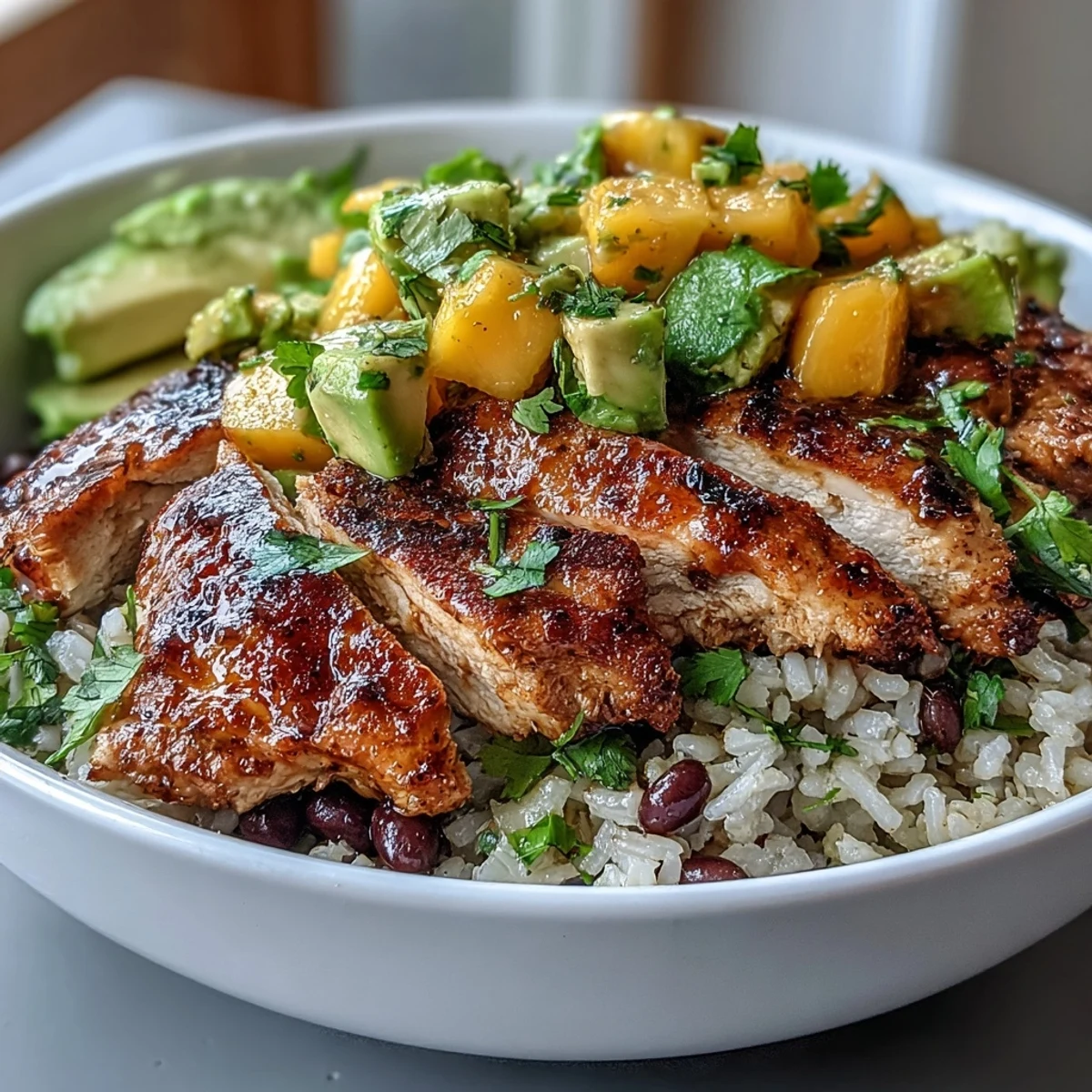 Mango avocado salsa chicken bowls with brown rice and black beans in a colorful, fresh, healthy bowl.