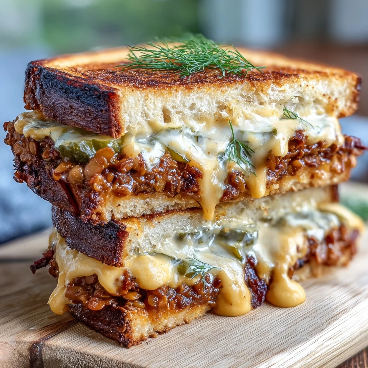 Vegan Cheeseburger Lentil Sloppy Joes on toasted sourdough, topped with melty vegan cheese sauce and fresh pickles.  