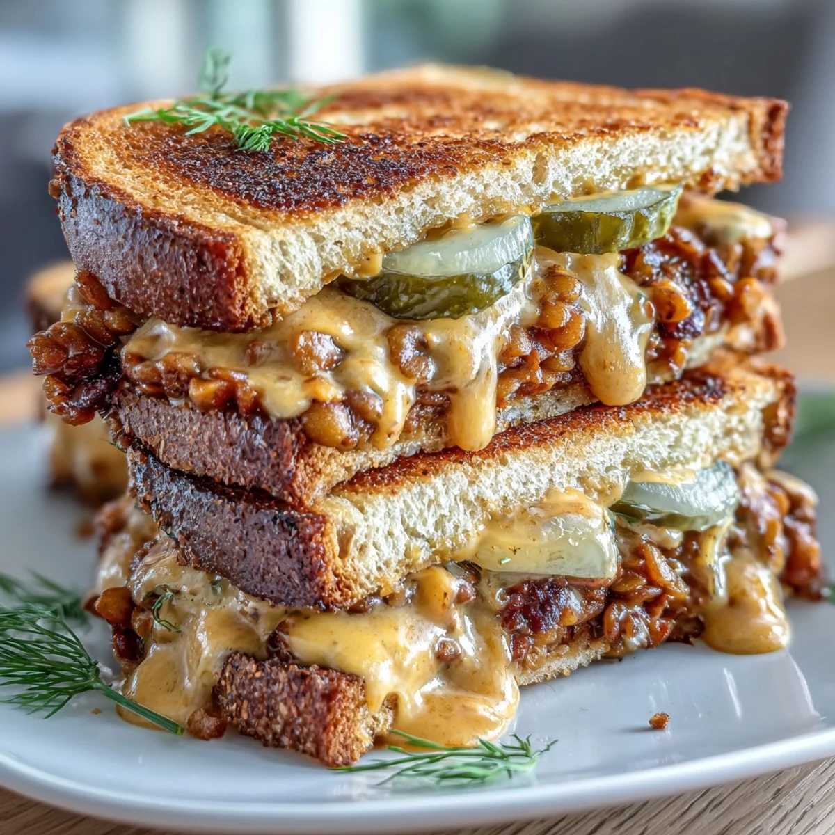 Hearty lentil sloppy joe mix served on crisp sourdough, drizzled with rich vegan cheese sauce and garnished with red onion.  
