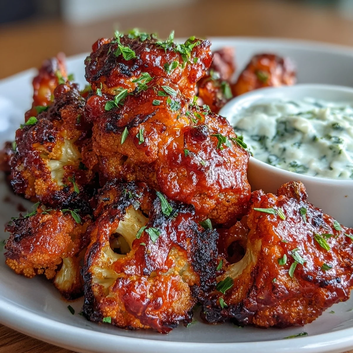 Crispy keto buffalo cauliflower wings roasted to golden perfection, served with a tangy ranch yogurt dip for a low-carb appetizer.  