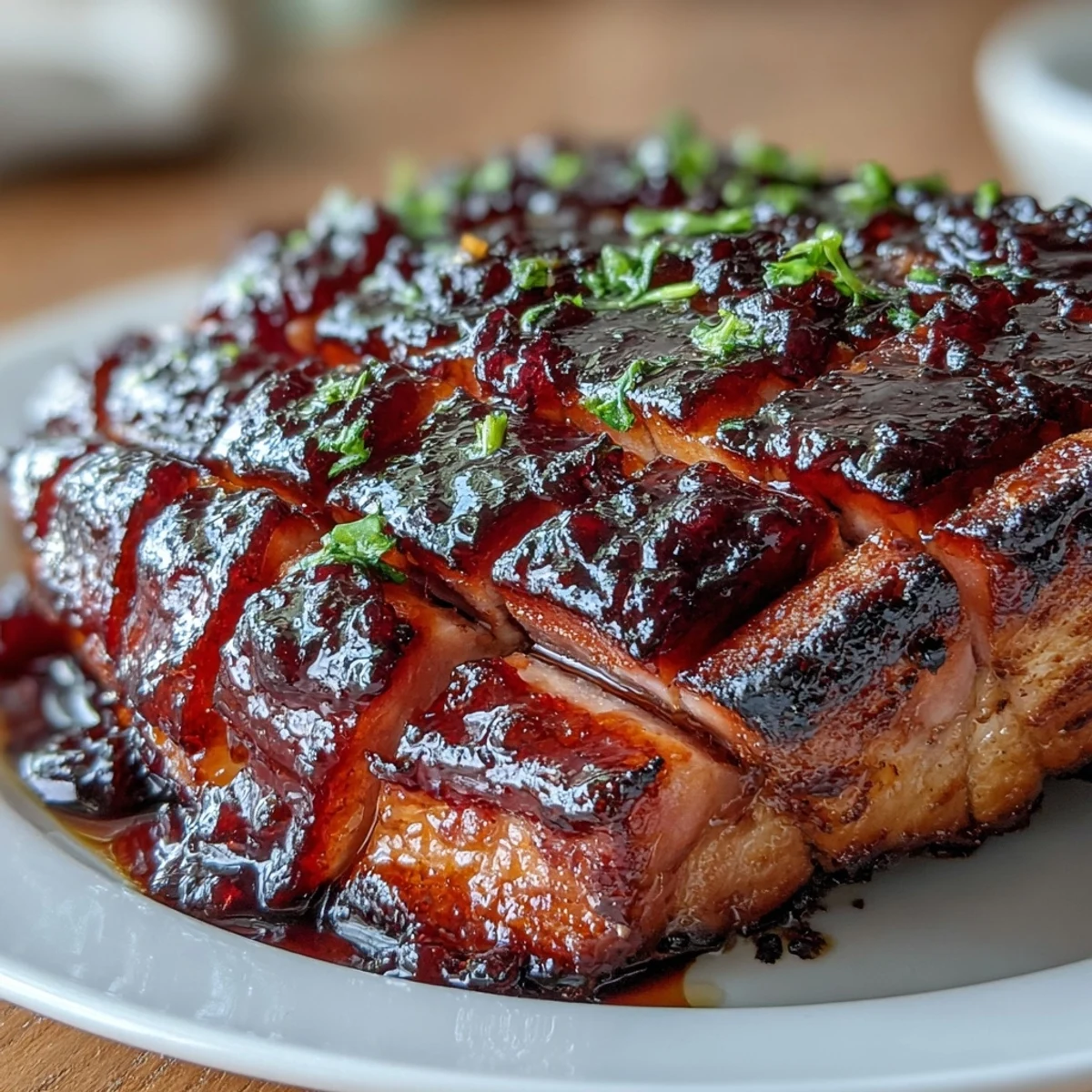 A bone-in ham coated in a sweet and tangy black currant jam glaze, ready to be carved and served.