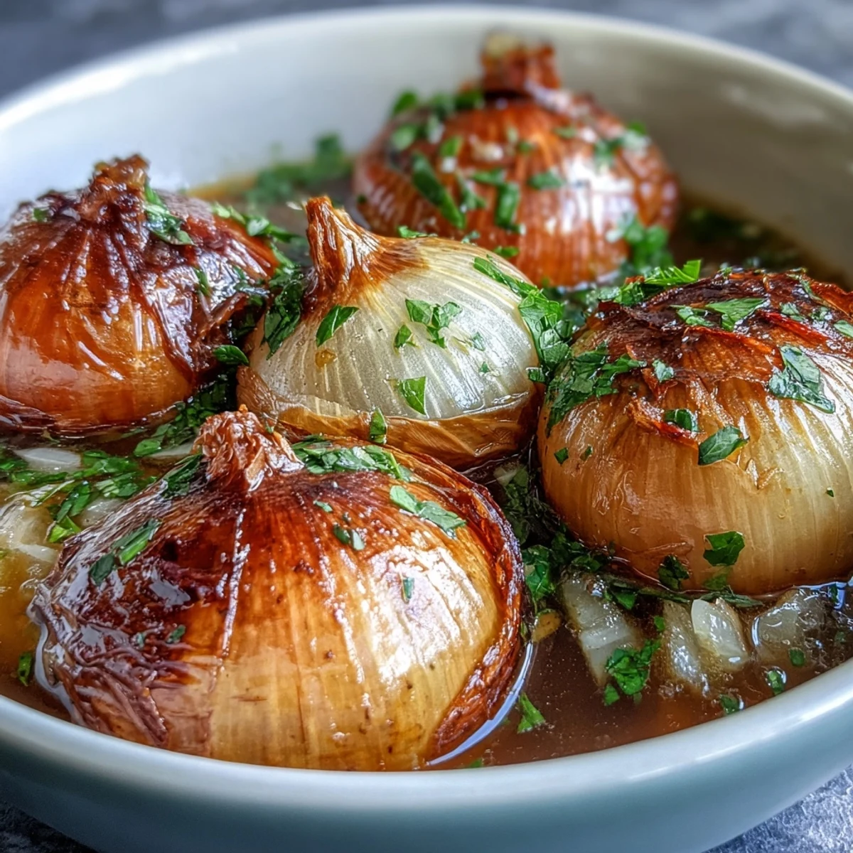 Whole onions in a fragrant, buttery broth with smoked paprika and thyme, served hot for an ASMR eating experience.