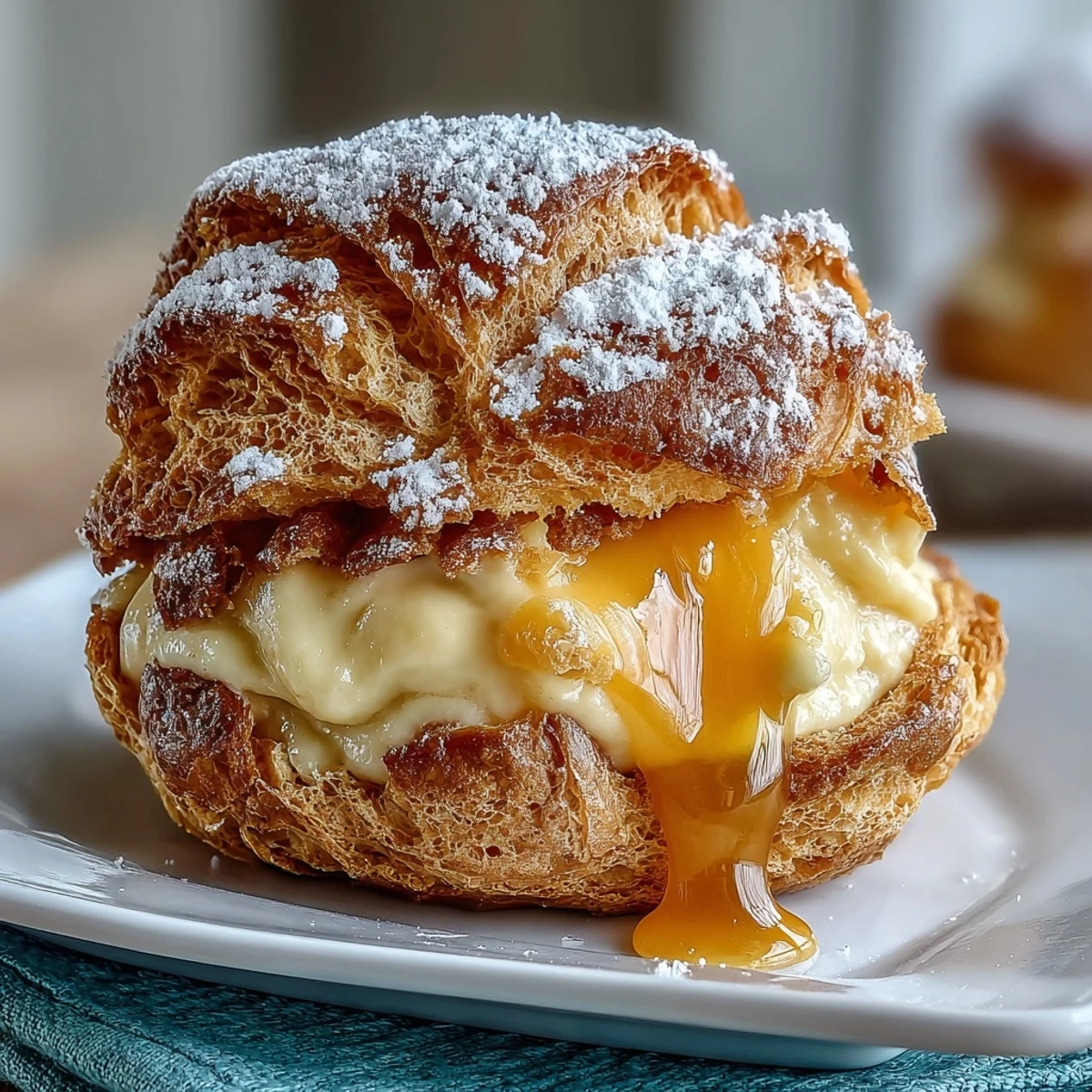 Golden choux pastry puffs filled with creamy mango-infused pastry cream and dusted with powdered sugar, a tropical French dessert delight.  