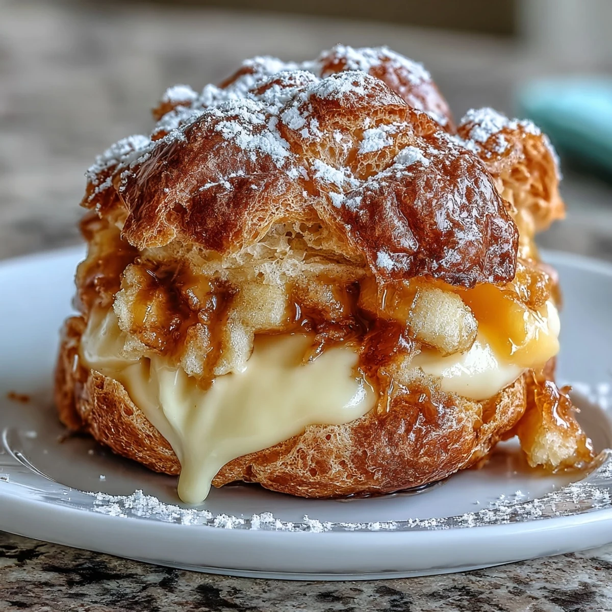 Delicate choux pastry shells encasing rich mango pastry cream, topped with a light dusting of sugar for an elegant treat.