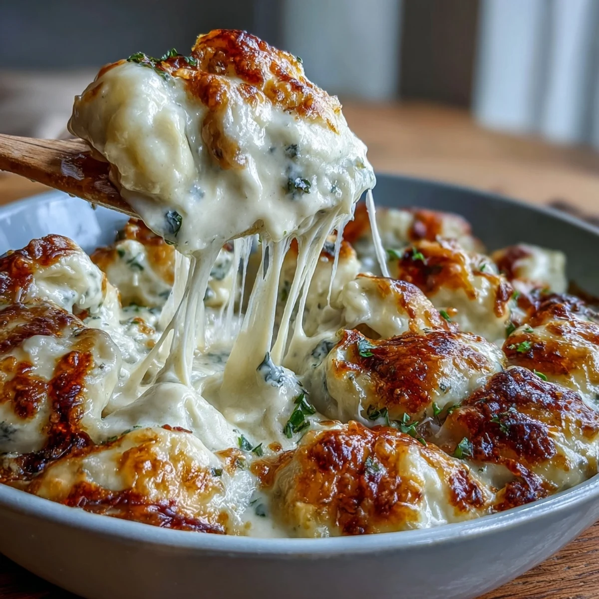 Trader Joes Dumpling Bake with creamy sauce and melted cheese, baked until golden and bubbling.  