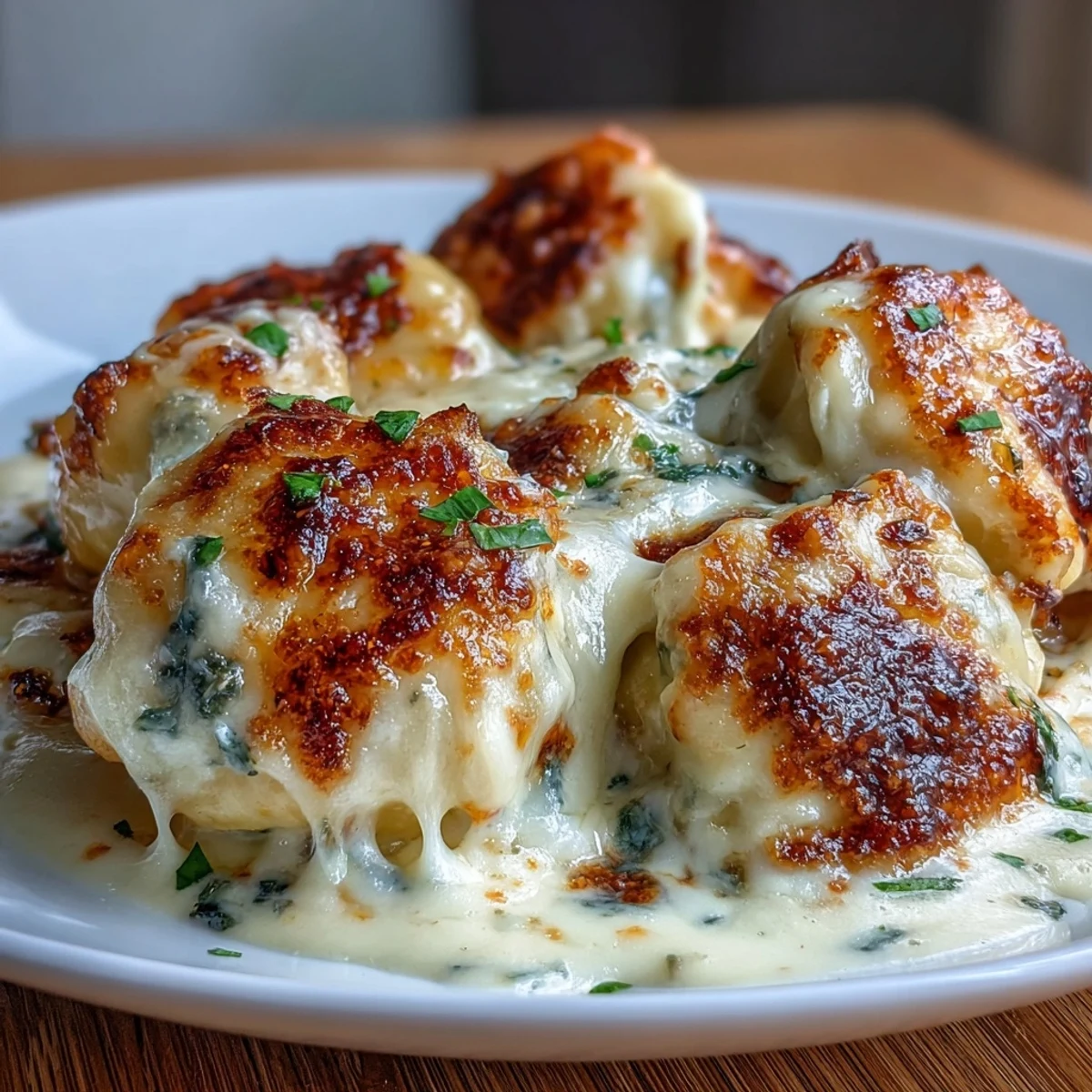 Layered Trader Joes dumplings in a savory cream sauce, topped with gooey mozzarella and cheddar cheeses.  
