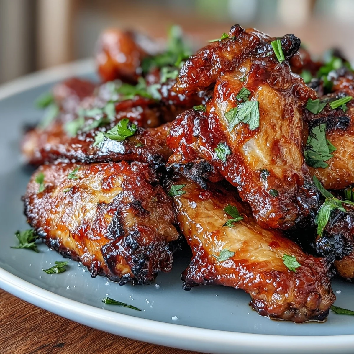 Baked chicken wings coated in a sticky honey-sriracha sauce and topped with a pinch of flaky salt.