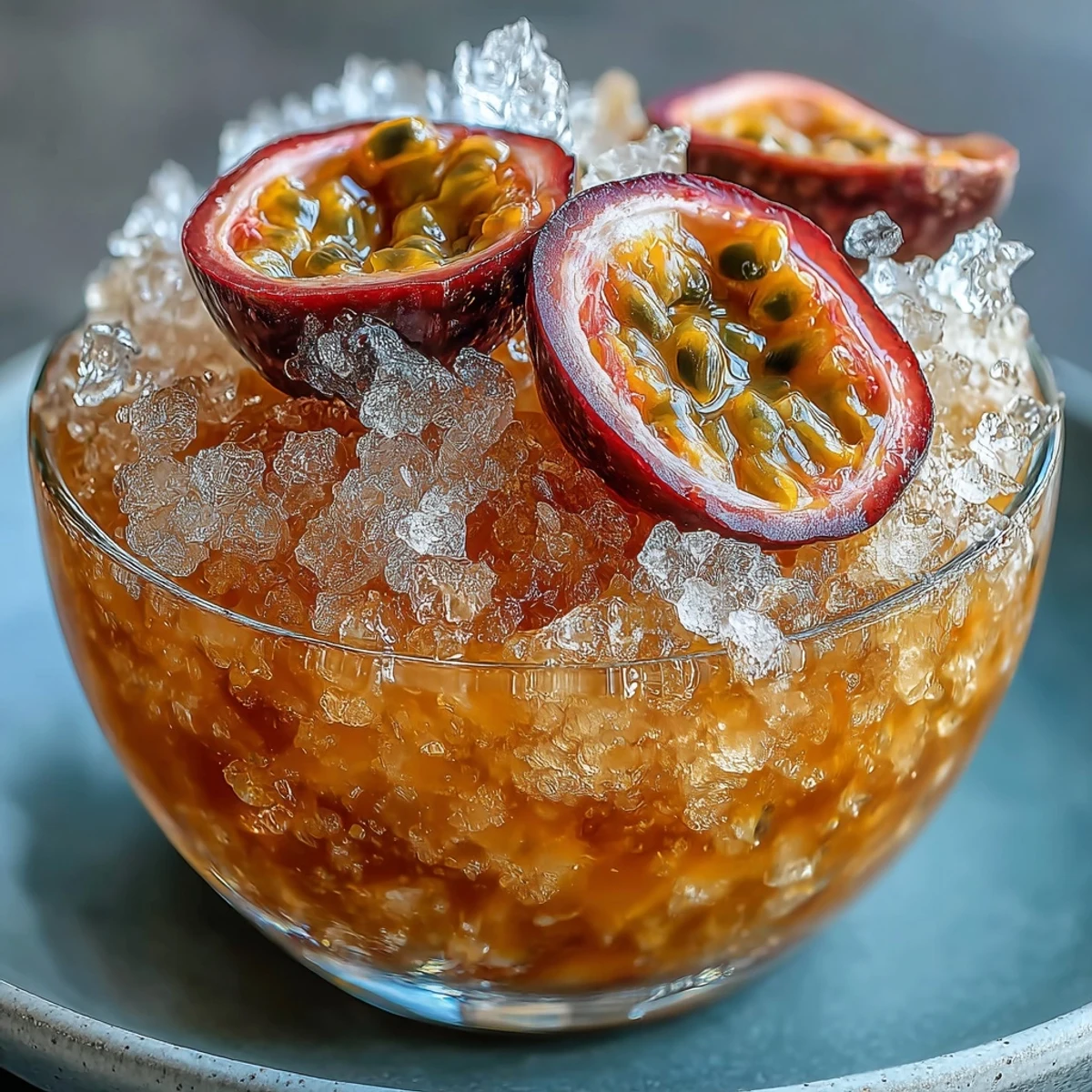 Tangy passionfruit granita with crystalline texture served in a chilled glass, perfect for refreshing summer desserts.