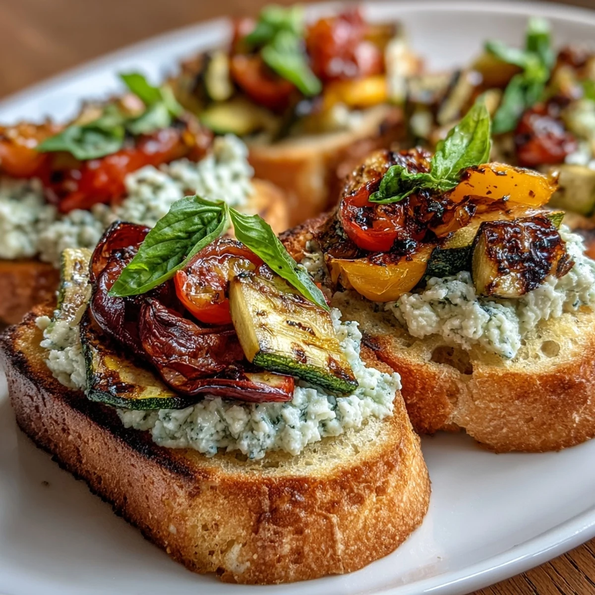 Crispy garlic butter crostini topped with creamy ricotta and colorful roasted vegetables. A vibrant, vegetarian appetizer perfect for entertaining.  