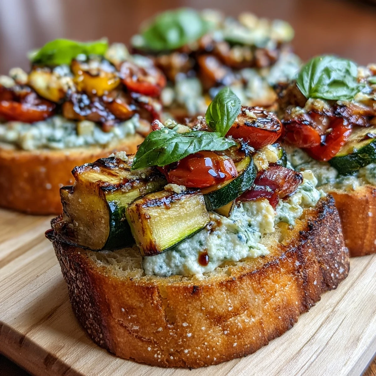 Golden baguette slices brushed with garlic butter, layered with rich ricotta and a medley of charred bell peppers and zucchini.  