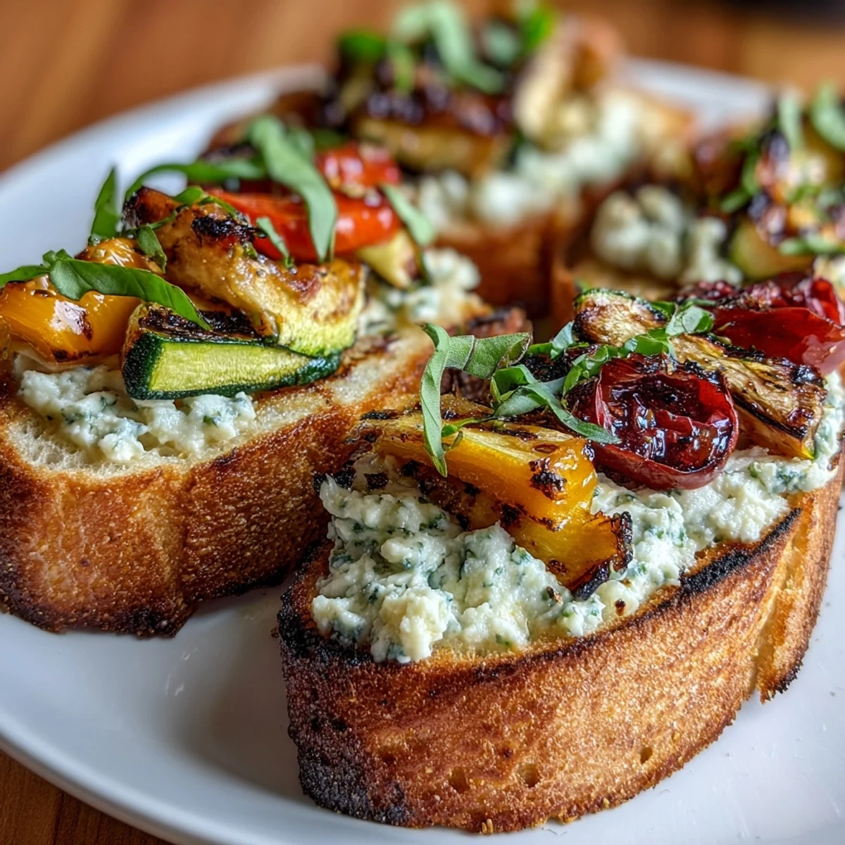 Fragrant garlic butter crostini served with roasted veggies and fresh basil, drizzled with balsamic glaze for a gourmet appetizer.