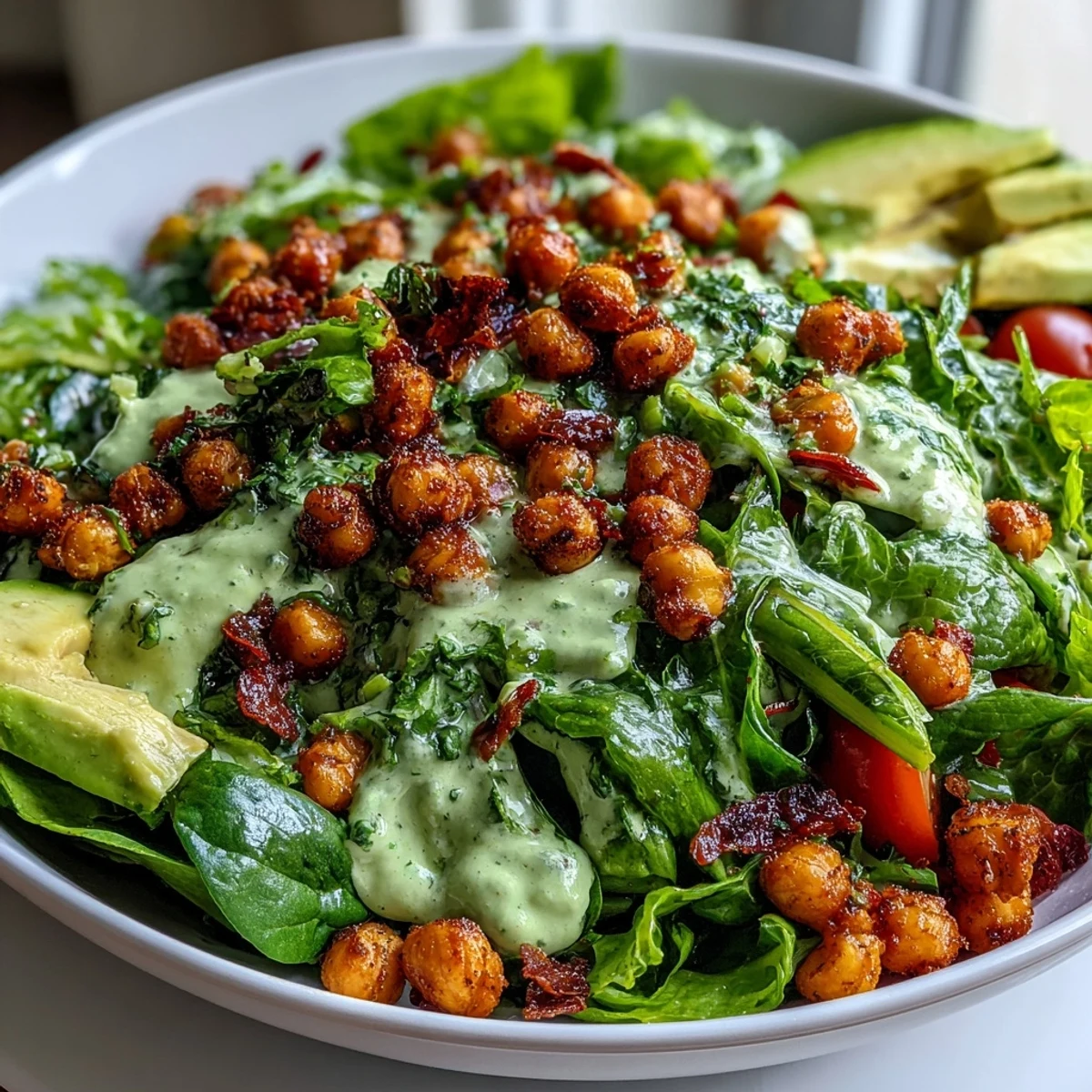 Fresh spinach and avocado salad topped with smoky crispy chickpeas and a rich, nutty pistachio herb dressing.