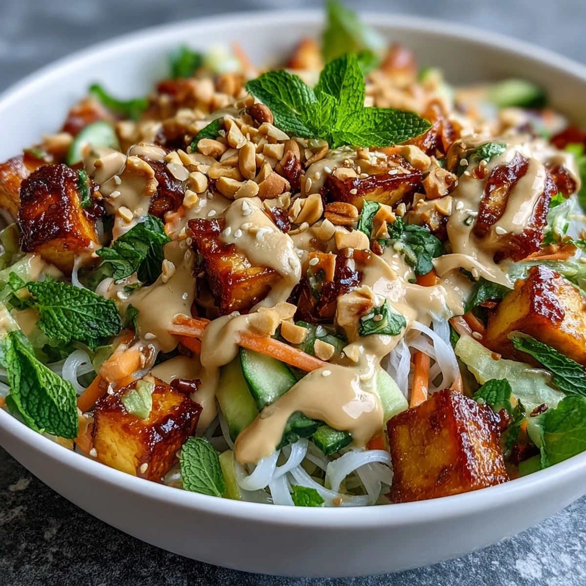 Asian Spring Roll Bowl with Peanut Sauce: A colorful bowl filled with fresh vegetables, rice noodles, and tofu, drizzled with creamy peanut sauce for a satisfying vegetarian meal.