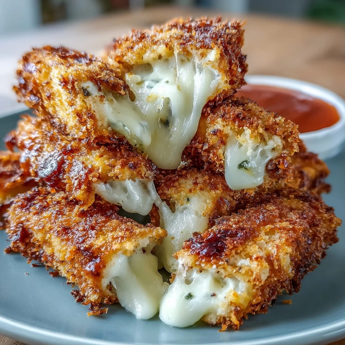 Golden air fryer mozzarella sticks with crispy breadcrumb coating, served alongside zesty marinara dip for dipping.  