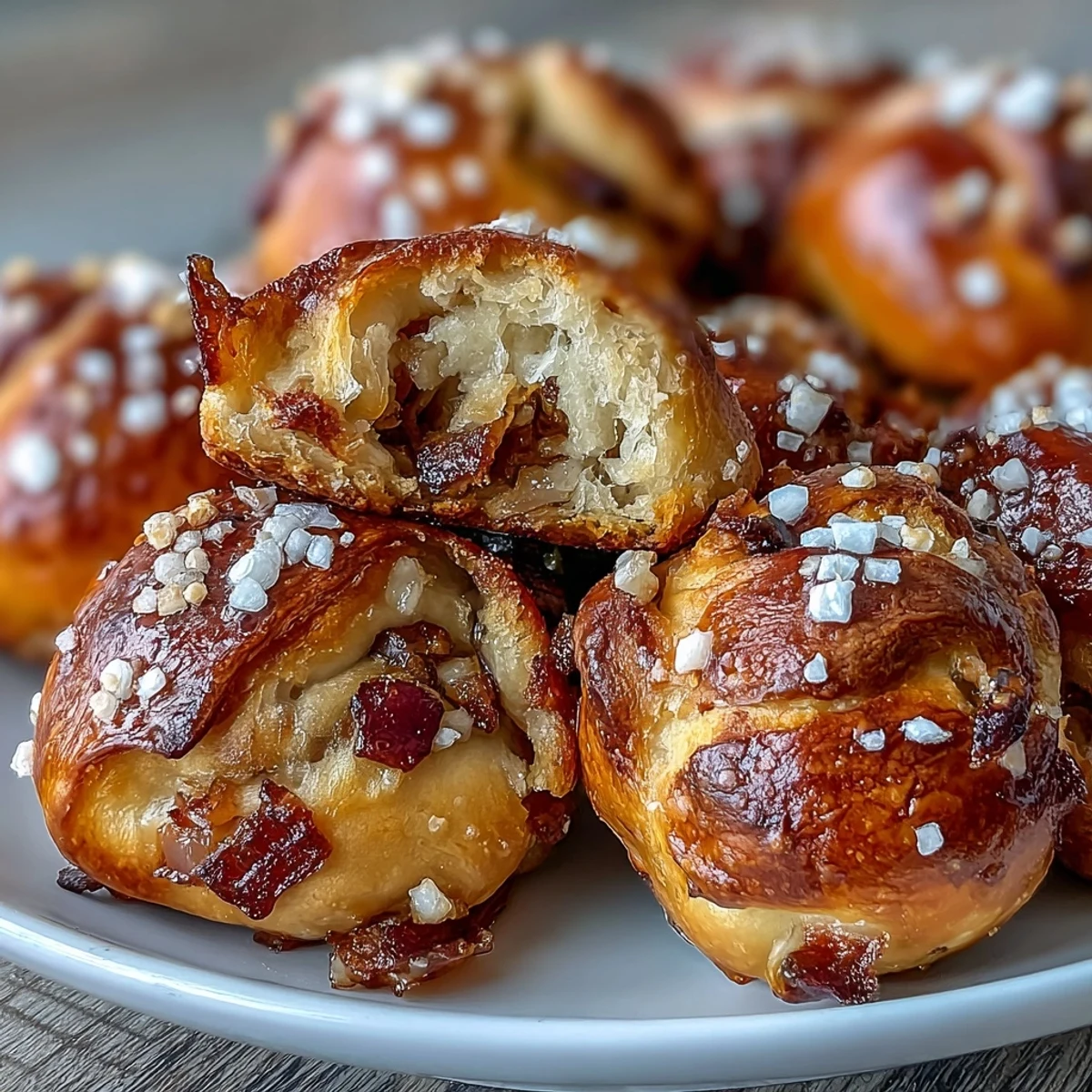 Sourdough Onion Pretzel Bites with golden caramelized onions, baked until deep brown and sprinkled with flaky sea salt.  