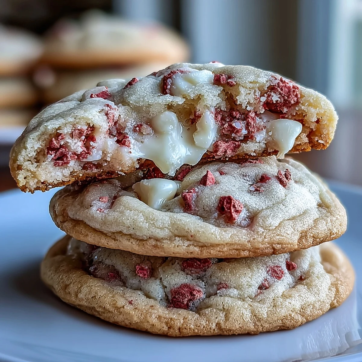 A plate of Valentine strawberry white chocolate cookies, soft and chewy with vibrant red specks and creamy white chocolate chips.