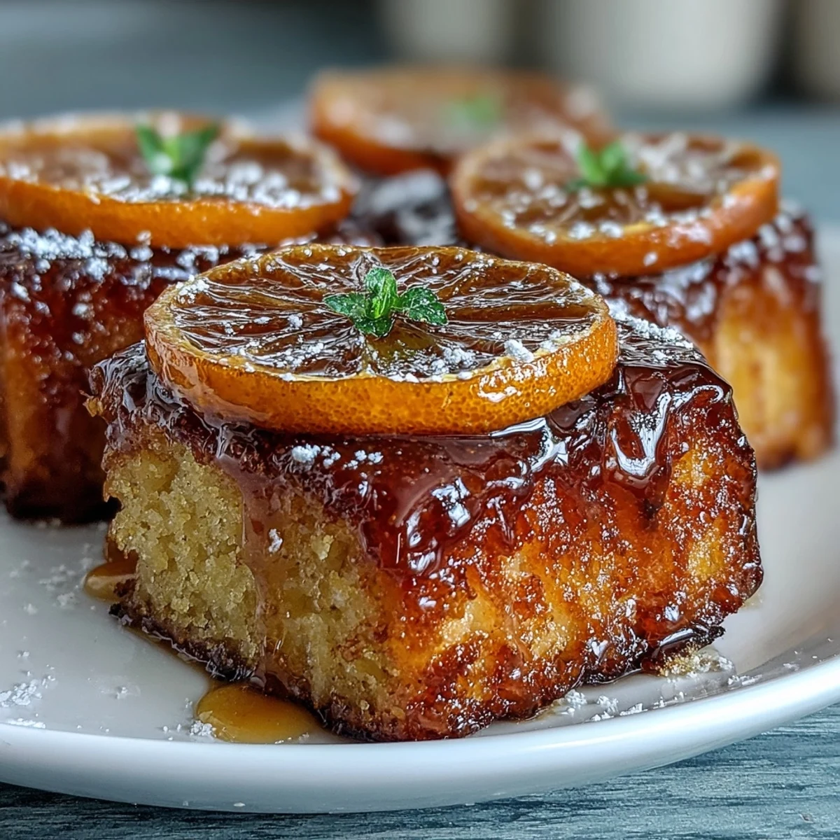 Moist almond cake topped with candied orange slices, infused with orange zest and drizzled with syrup, ideal for afternoon tea or special occasions.