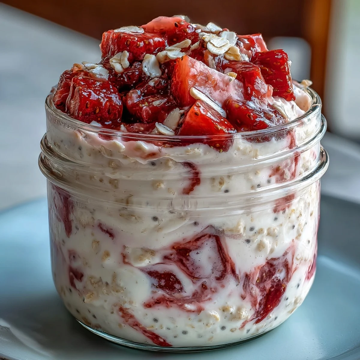 Layered strawberry cheesecake overnight oats in mason jars with creamy yogurt and fresh berries.  