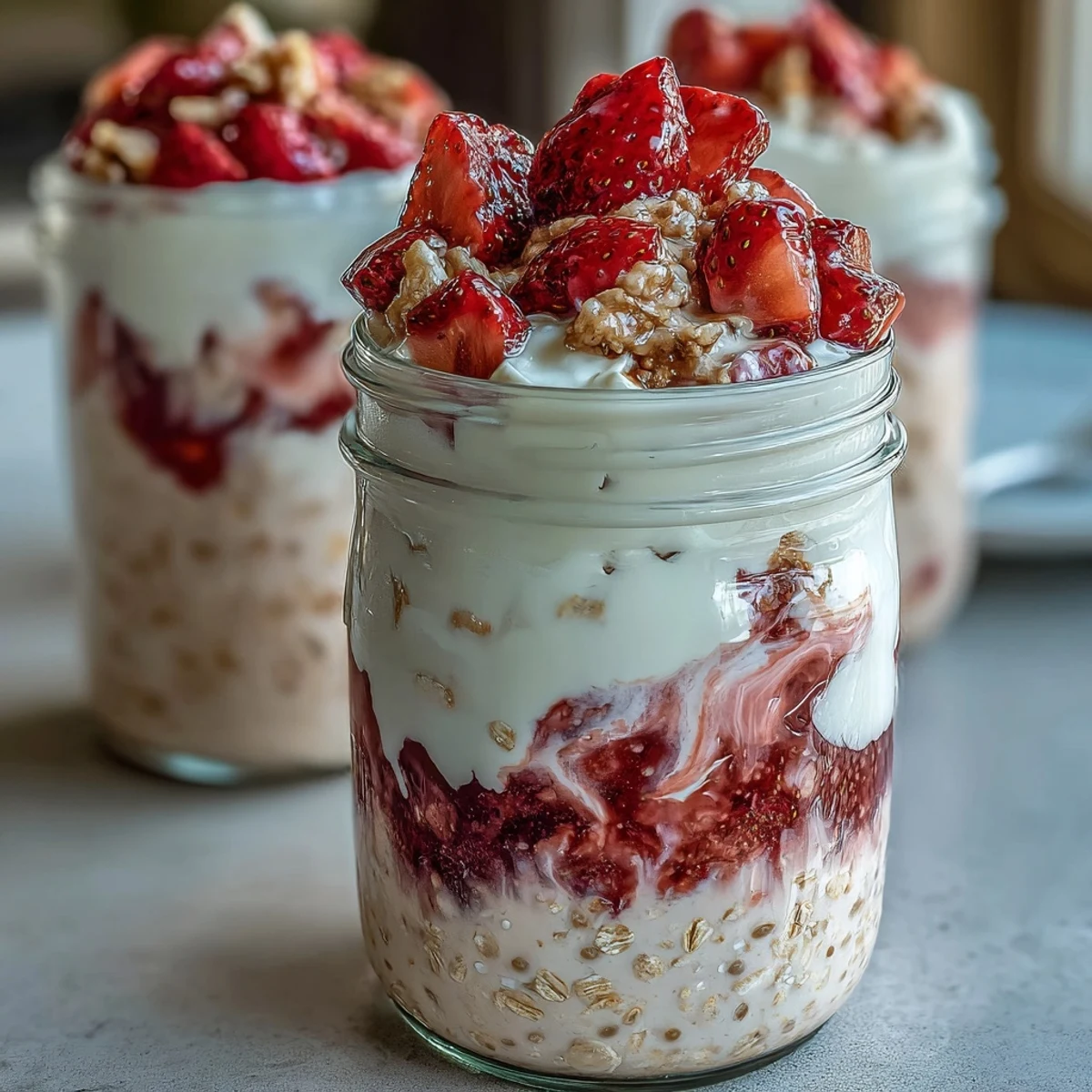 Mason jar strawberry cheesecake overnight oats with fresh strawberries and graham cracker crumble.