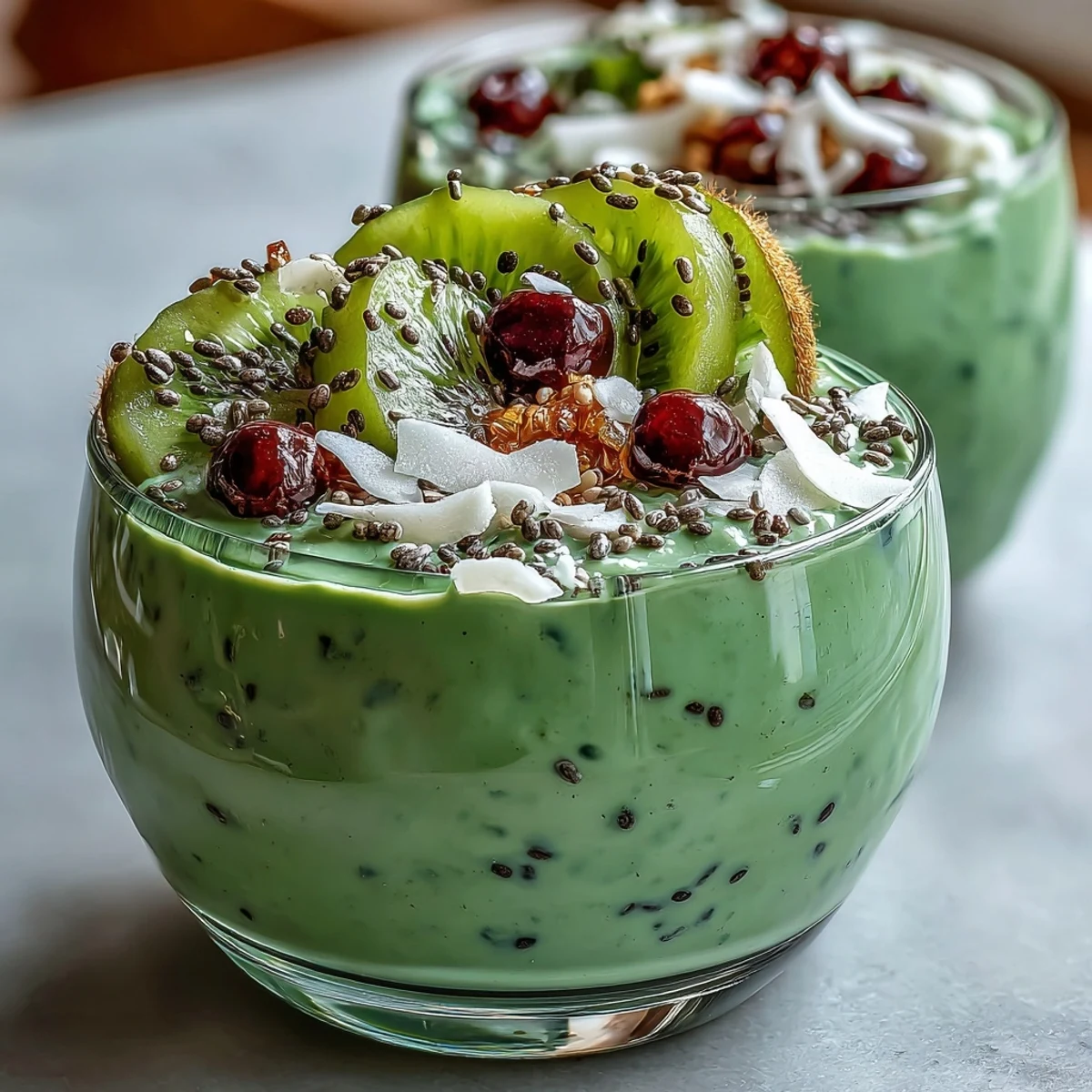 Layered matcha overnight oats with coconut and chia seeds, served chilled with fresh fruit and toasted coconut flakes for added texture and flavor.