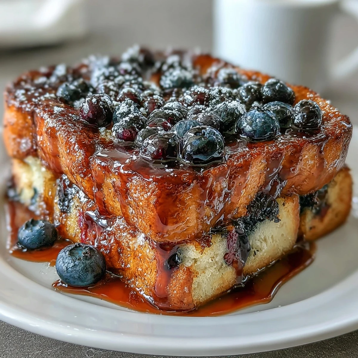 Blueberry Sourdough French Toast Bake with golden crust and juicy berries, baked to perfection for a cozy brunch.