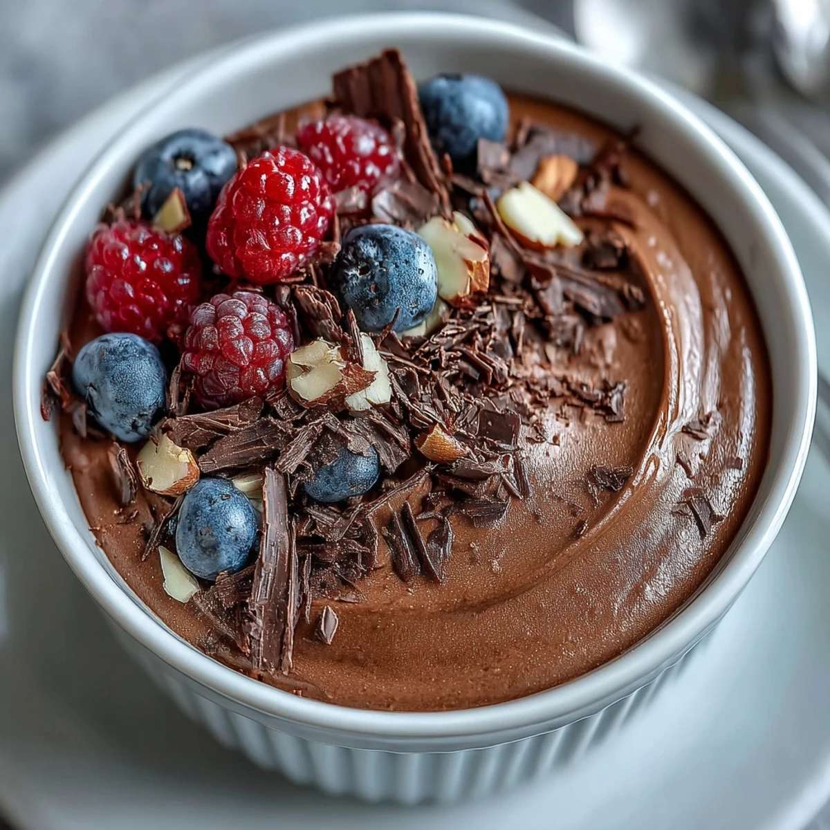 High-protein chocolate cottage cheese mousse cups topped with fresh berries and chocolate shavings in clear glass cups.  