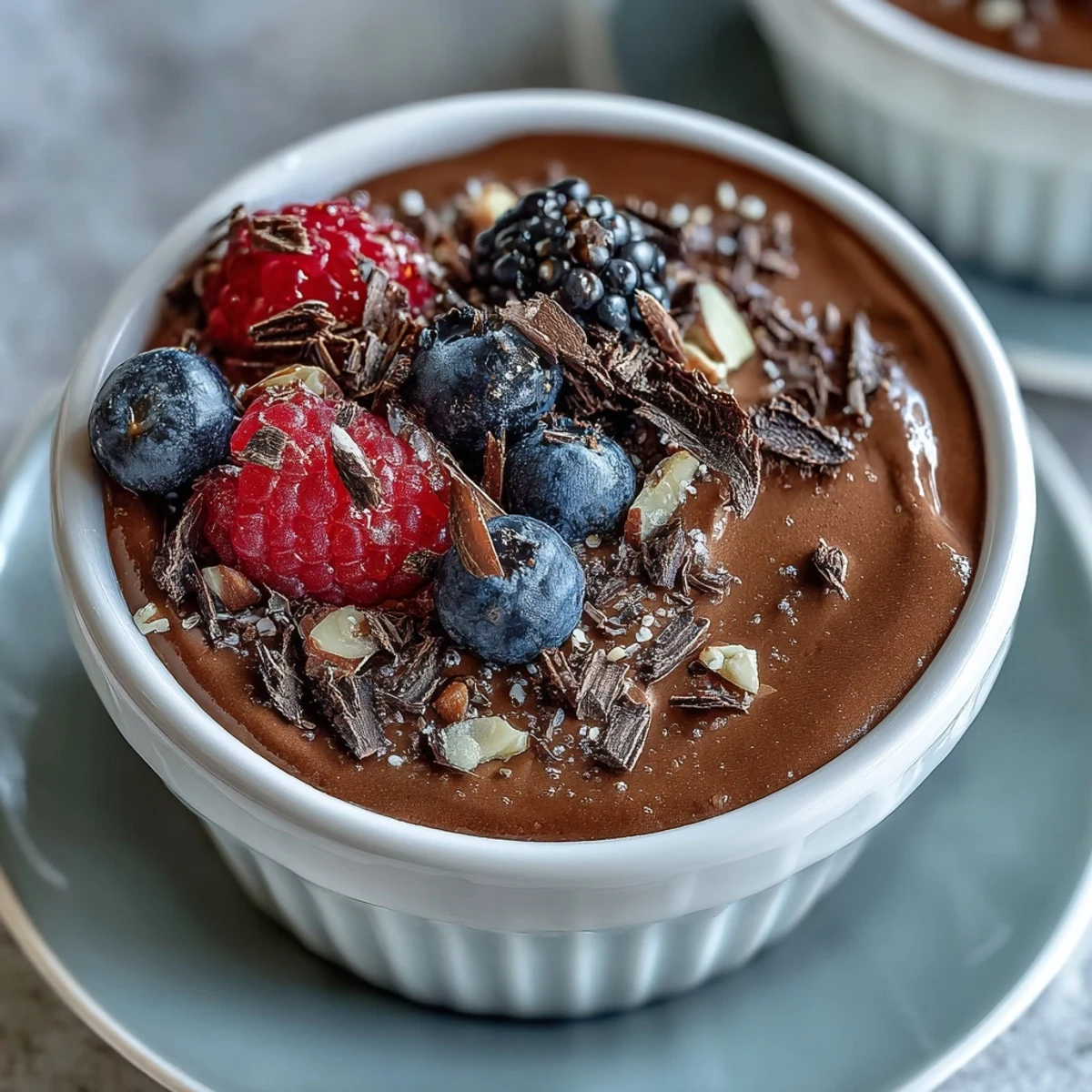 Creamy, rich chocolate mousse made with cottage cheese and Greek yogurt, garnished with nuts and served in individual dessert cups.  