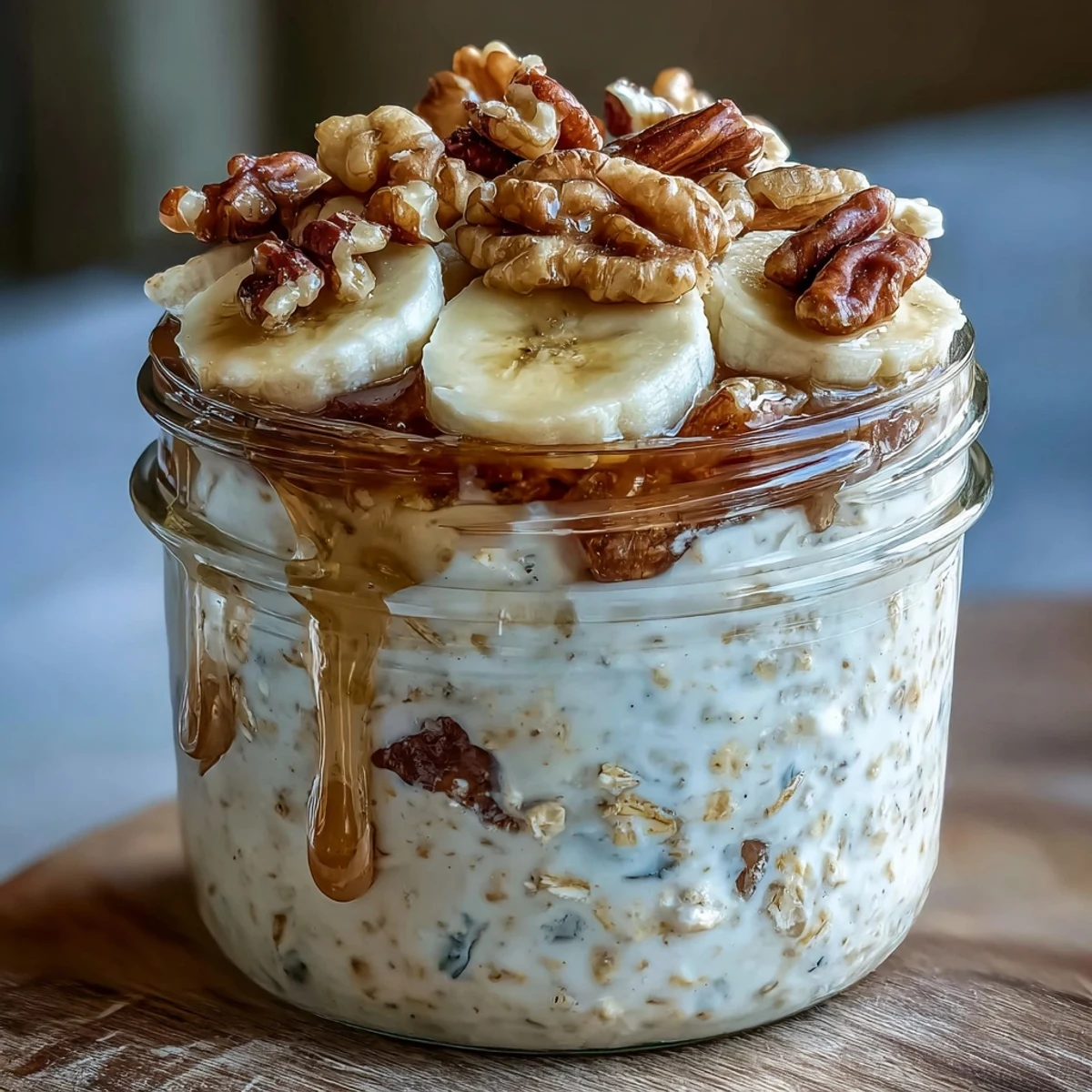 Creamy overnight oats with mashed banana, warm cinnamon, and crunchy walnuts for a banana bread-inspired breakfast.