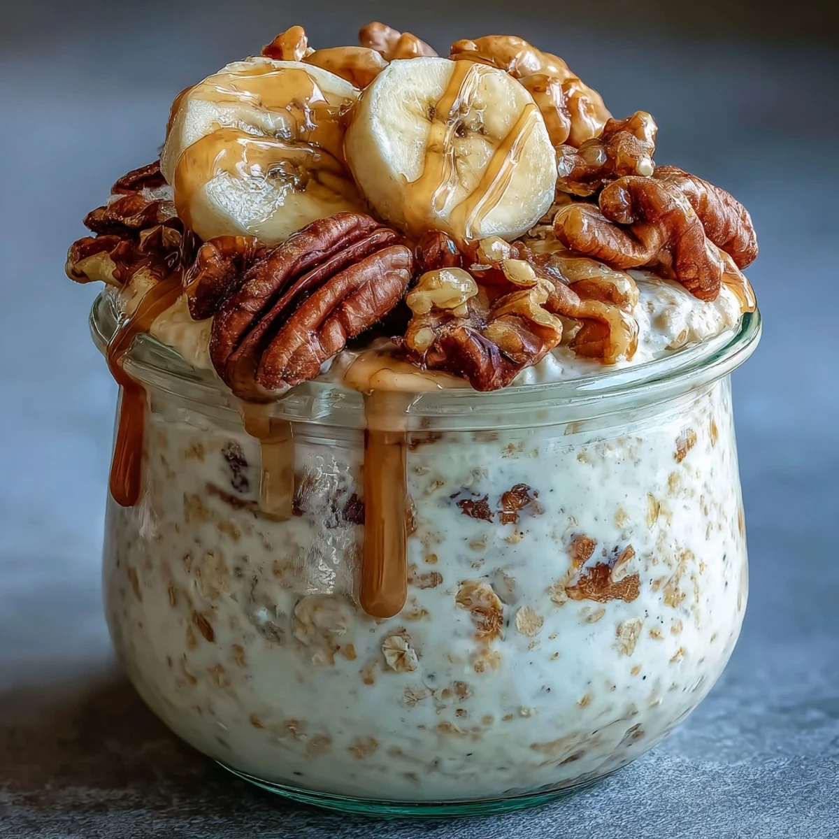 Wholesome jar of banana bread overnight oats topped with sliced banana, walnuts, and a drizzle of maple syrup.