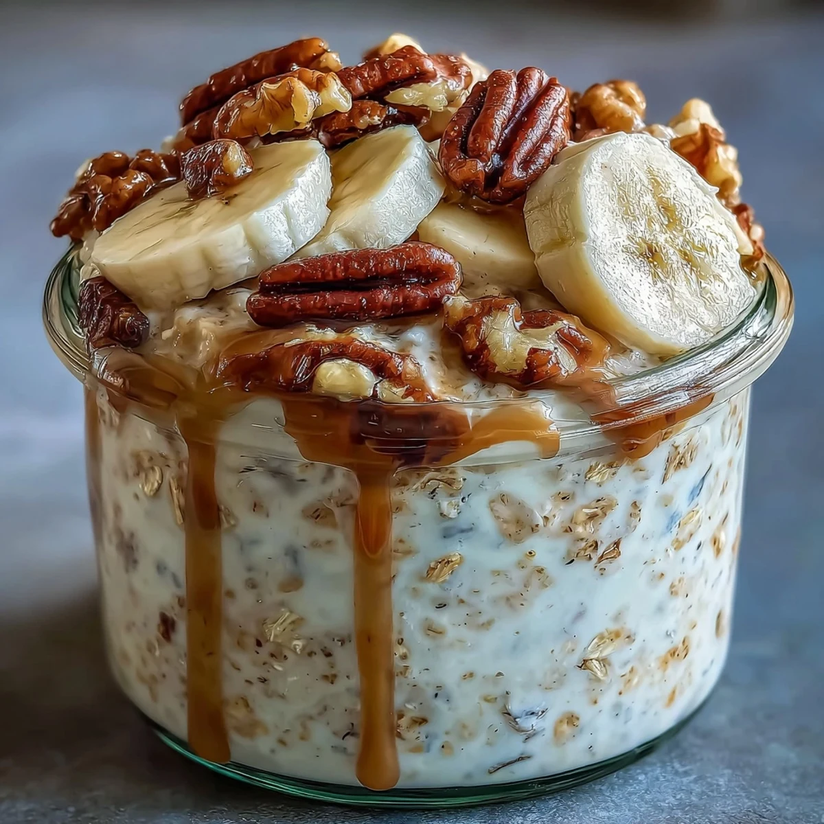 Velvety banana bread overnight oats layered with Greek yogurt, ripe banana, and toasted walnuts in a glass jar.